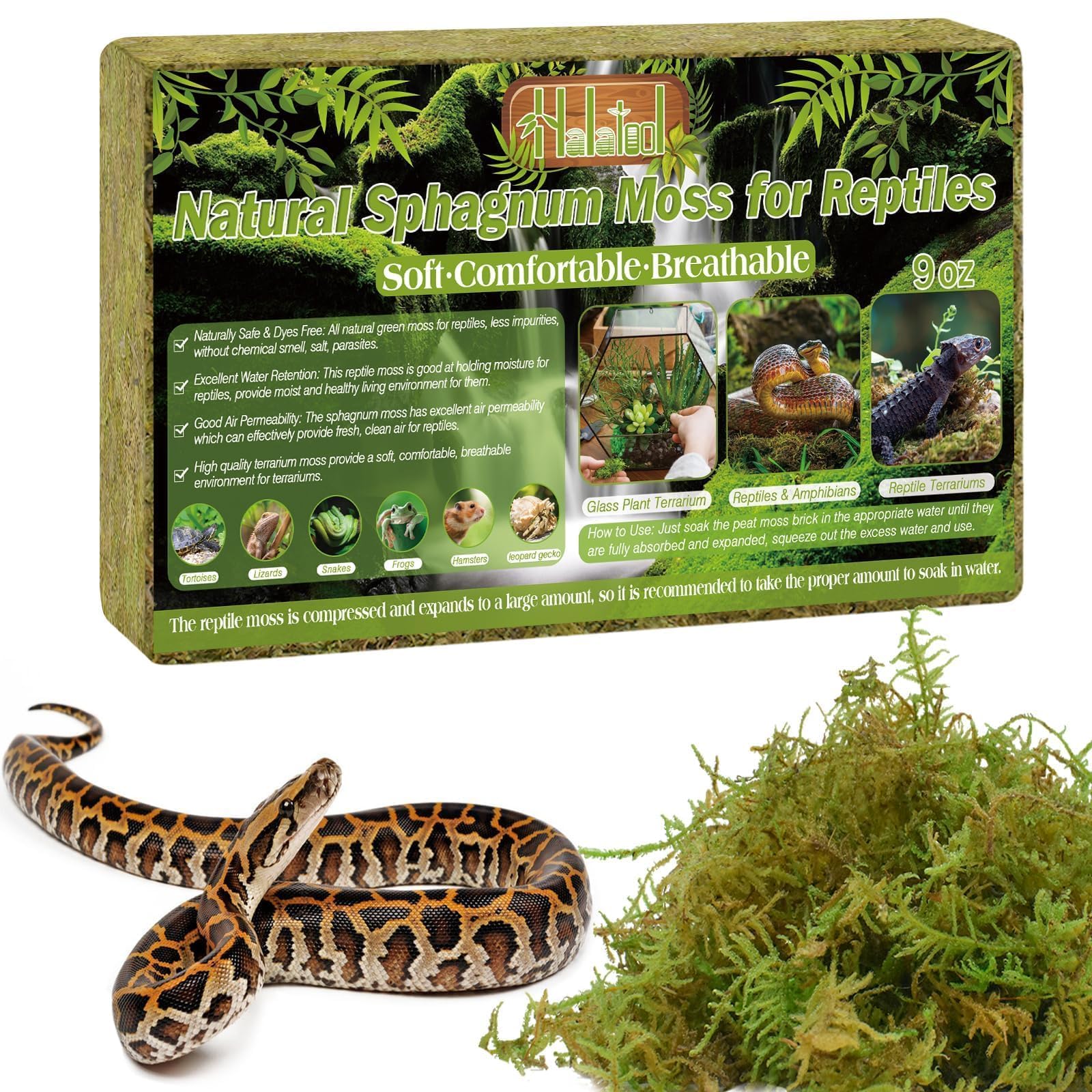Premium 9OZ Natural Sphagnum Moss for Reptiles - 14QT Long Fiber Green Live Moss for Terrarium Plants | Ideal for Leopard Geckos, Snakes, Hamsters, Tortoises, Frogs, Lizards & Salamanders | Perfect for Reptile Habitats, Vivariums & Terrarium Decorations