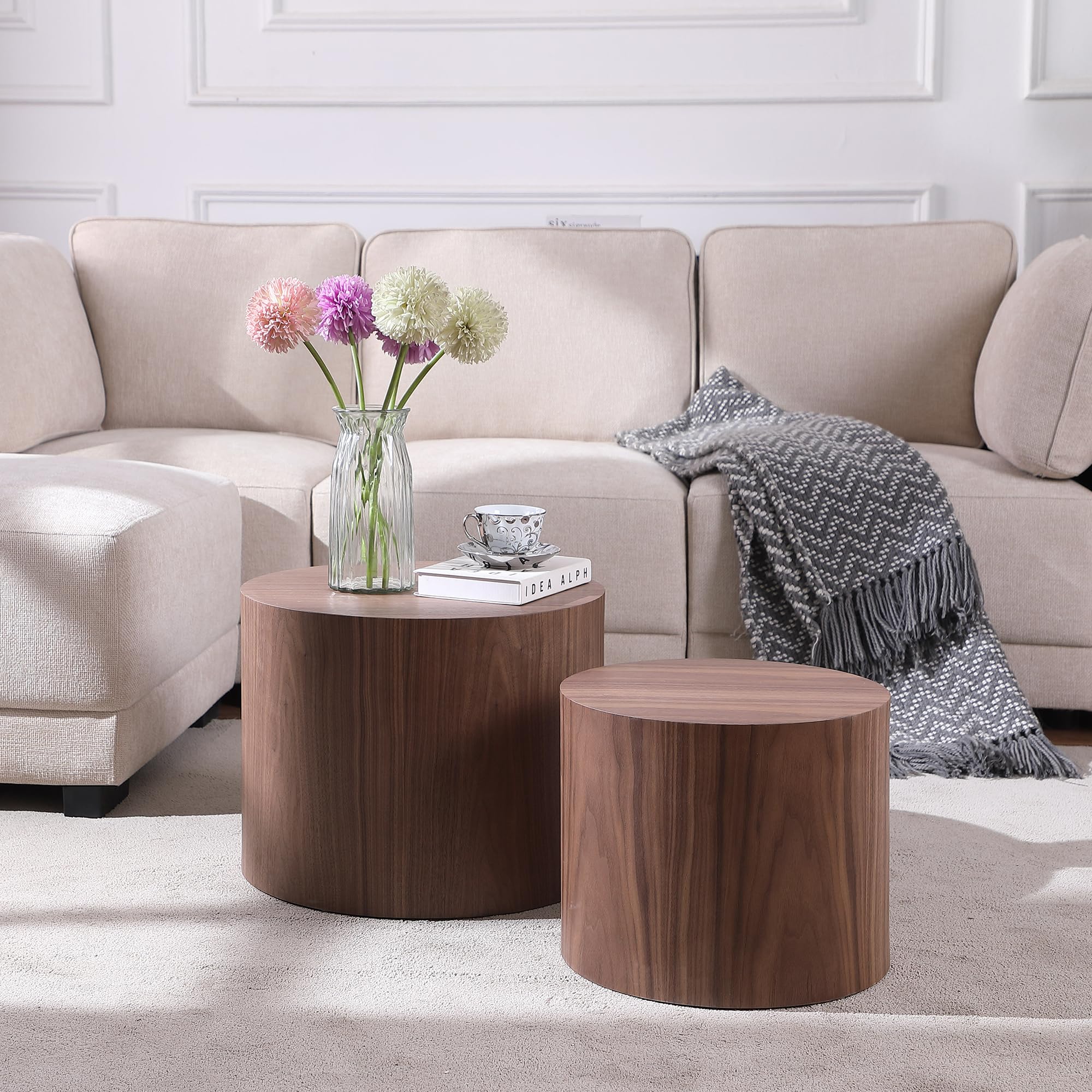 Round Coffee Table Set of 2 - Nesting Wooden Drum Side Tables for Living Room & Office - Walnut Finish, No Assembly Required - Perfect for Small Spaces & Modern Home Decor