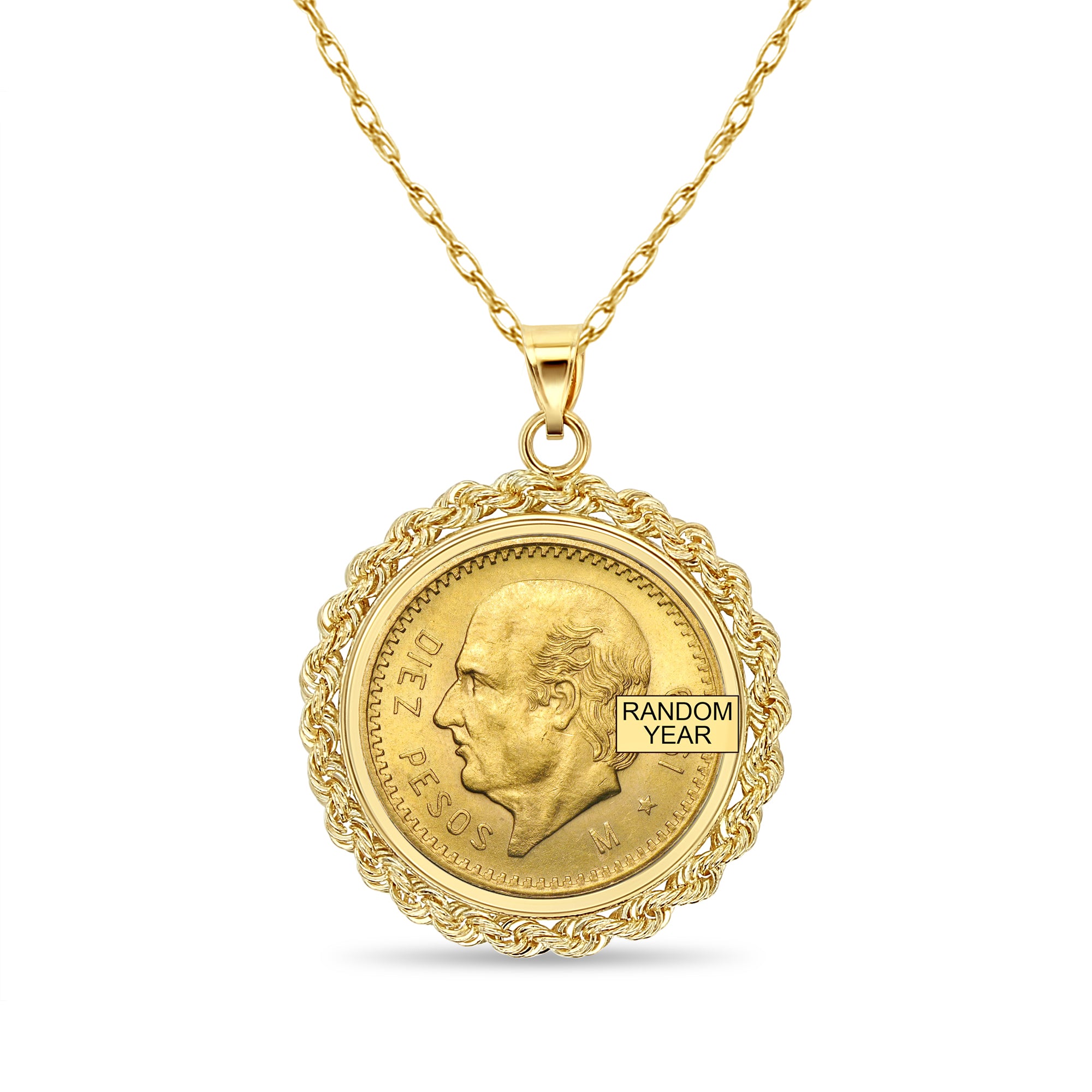 14k Yellow Gold Diez Pesos Coin Necklace with Rope Bezel - Vintage Mexican Jewelry for Women, Perfect Gift for Birthday, Anniversary & Special Occasions