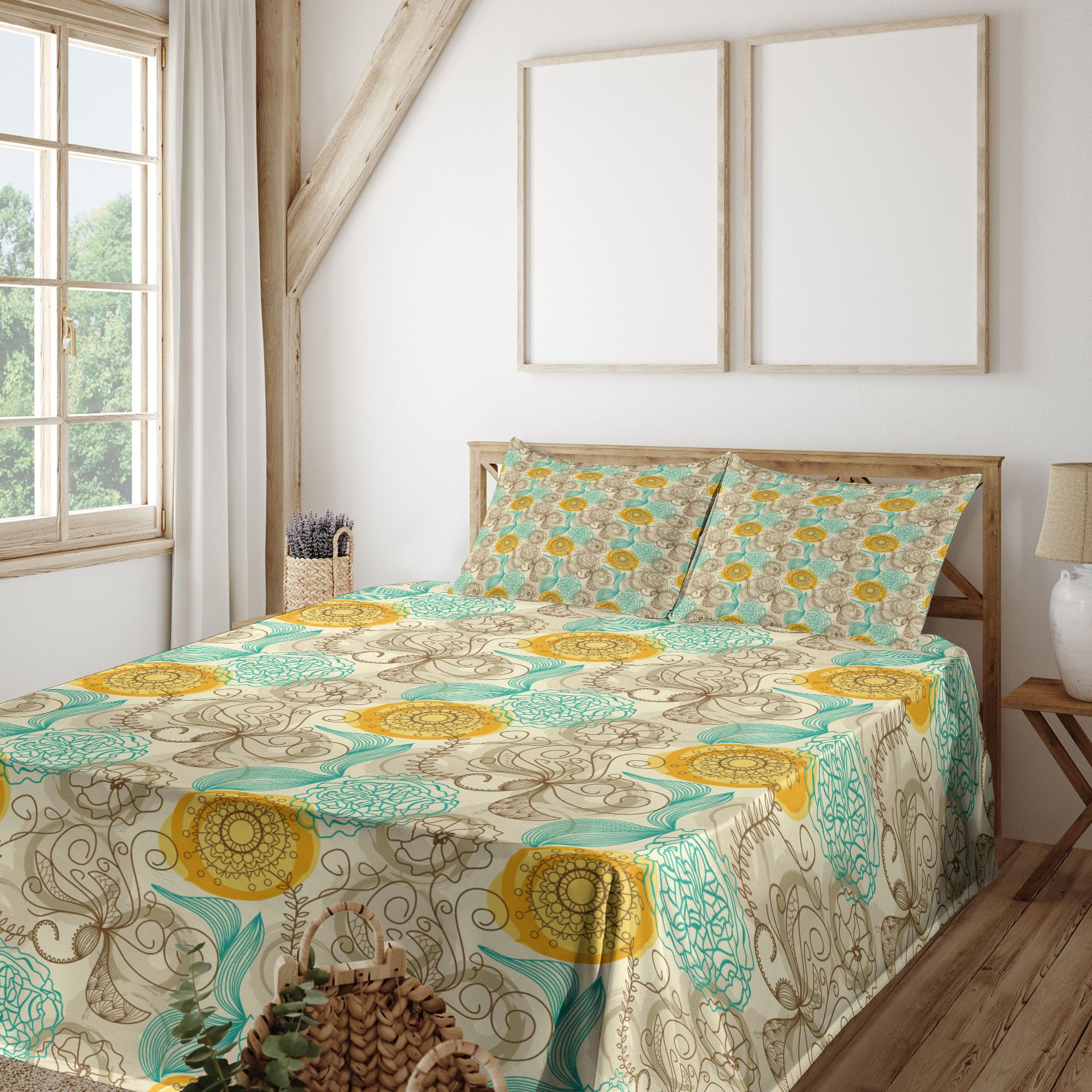 Ambesonne Floral 4-Piece King Sheet Set - Abstract Carnations with Leaves Design in Tan Turquoise Marigold | Soft Bedding for Master Bedroom, Guest Room & Cozy Home Decor