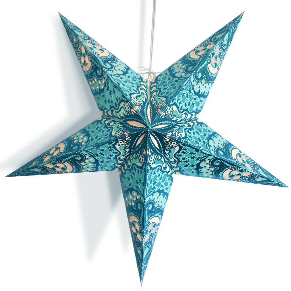 24 Pack Turquoise Blue Rain Glitter Paper Star Lanterns - Chinese Hanging Wedding Decorations, Party Supplies for Indoor/Outdoor Events, Baby Showers & Festival Celebrations
