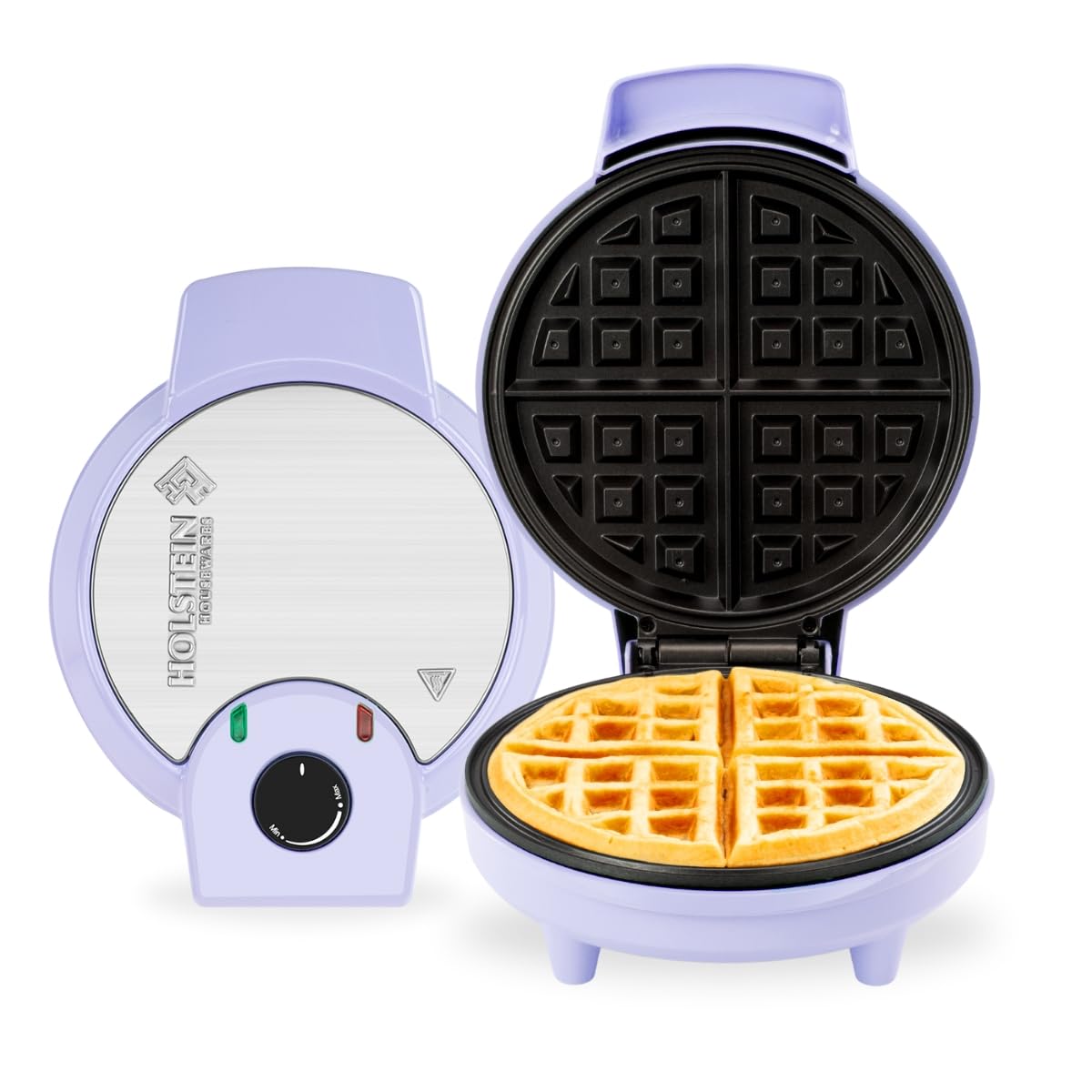 Holstein Housewares 7-Inch Non-Stick Waffle Maker with Adjustable Temperature Control - Stainless Steel & Lavender Belgian Waffle Iron for Perfectly Crispy Waffles - Ideal for Breakfast, Brunch, Family Gatherings & Holiday Cooking