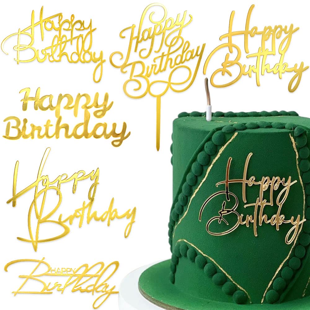 6pcs Gold Mirror Acrylic Cake Toppers - Happy Birthday Cake Decorations for Kids Birthday Party, Cupcake Toppers, Side Cake Inserts & Cake Decorating Supplies | Perfect for Birthday Cakes, Baby Showers & Wedding Dessert Displays