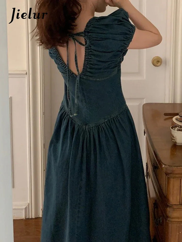 Vintage High Waist Backless Denim Dress for Women - V Neck Lace Up Puff Sleeve French Style Pleated Midi Dress | Perfect for Date Night, Summer Outings & Boho Chic Fashion