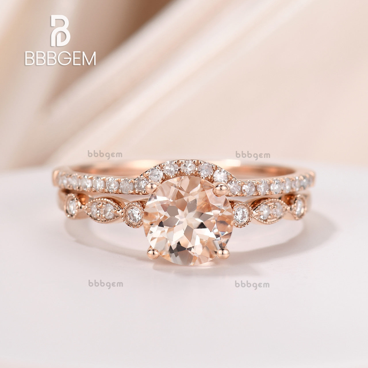 1 Carat Round Natural Morganite Ring - 18K Rose Gold Plated Sterling Silver Bridal Ring with Milgrain Detailing & Moissanite Accents | Engagement, Wedding, Anniversary Gift for Her