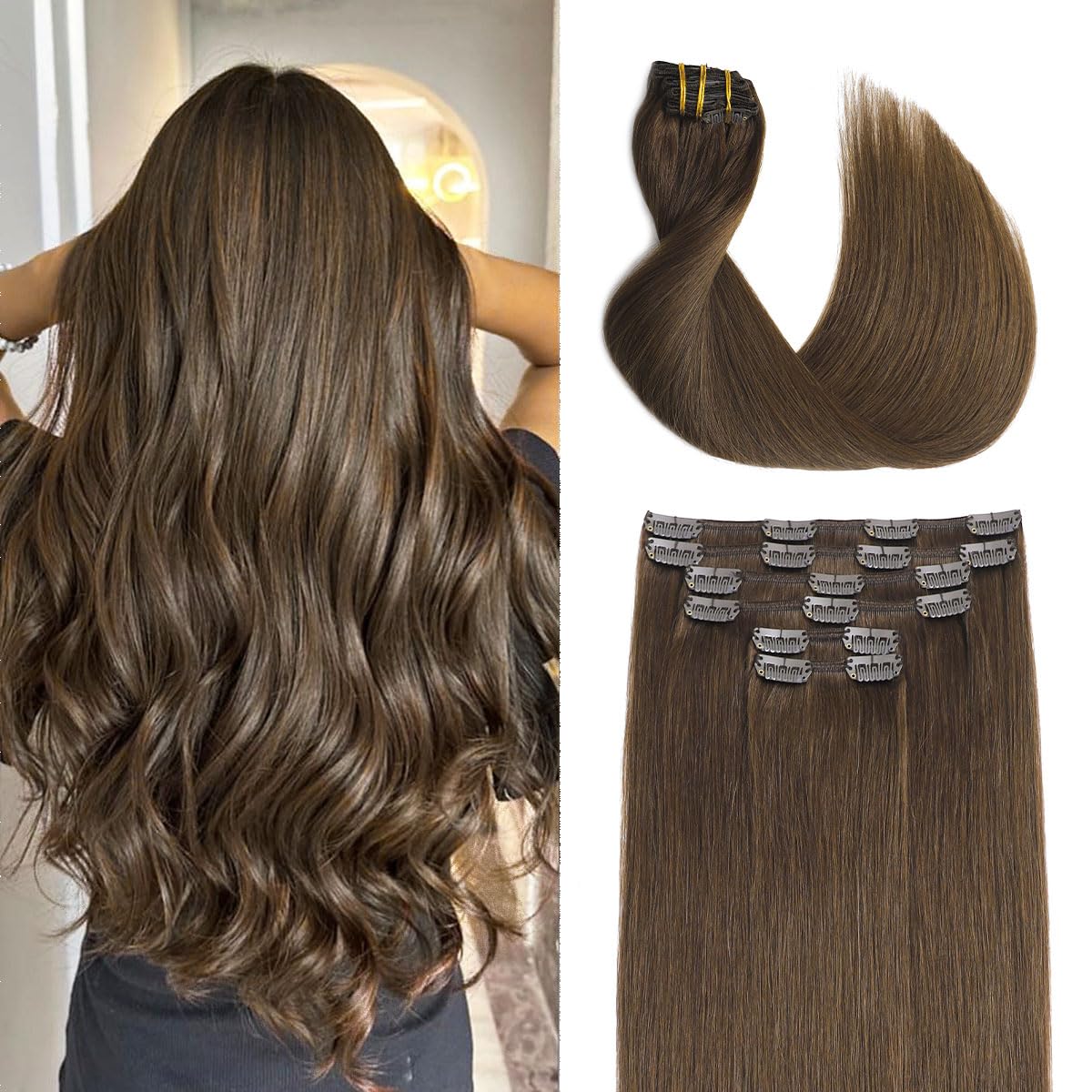 Clip in Hair Extensions 20 Inch Real Human Hair - Medium Brown (#4) 120g 6pcs, Straight & Soft for Full Head Volume | Perfect for Daily Styling, Parties & Special Occasions