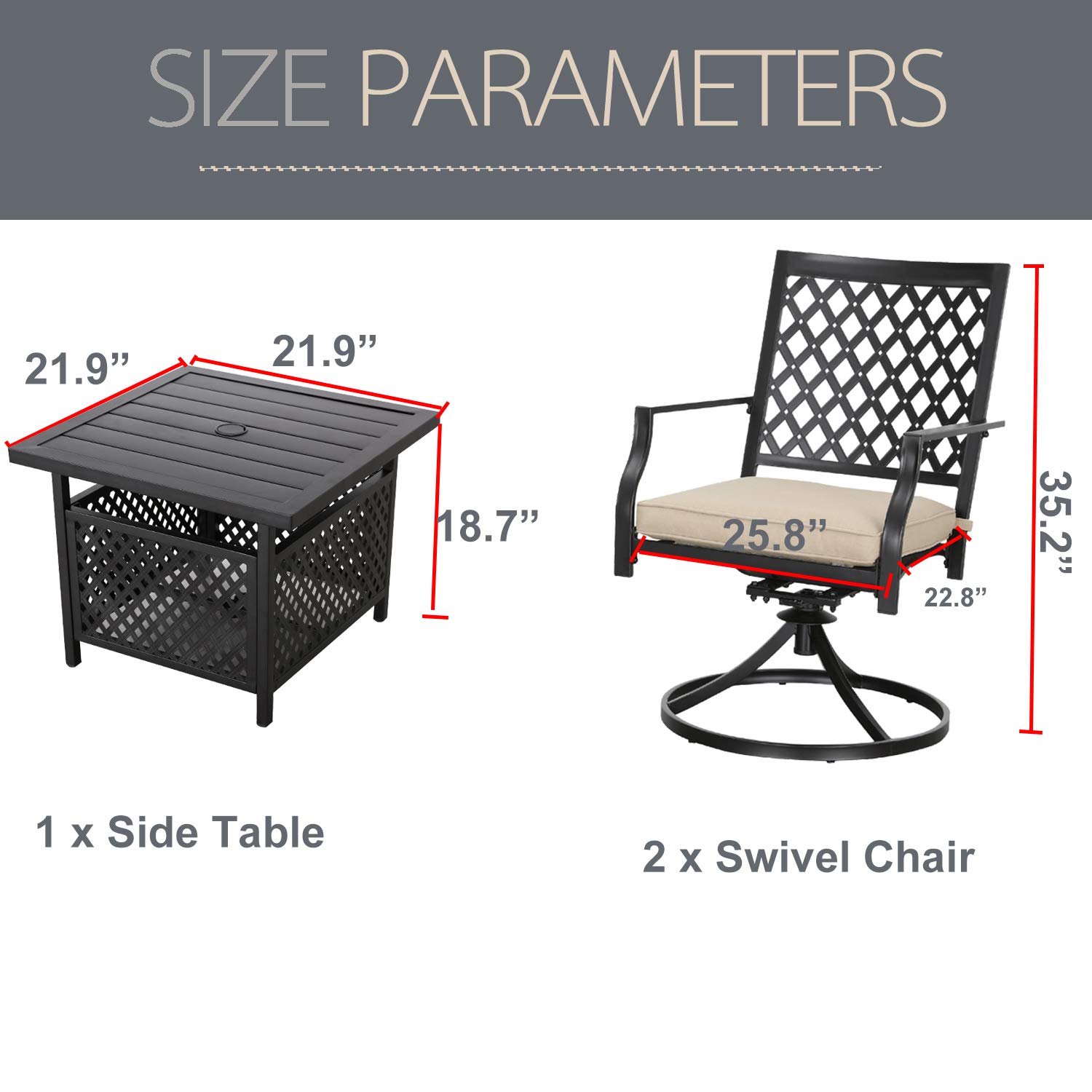 LOKATSE HOME 3-Piece Patio Swivel Set - Outdoor Metal Steel Furniture with 2 Dining Chairs & Umbrella Side Table, Beige - Perfect for Backyard, Garden, Poolside or Balcony Relaxation
