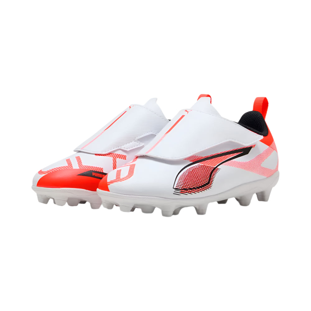 Puma Ultra 5 Play Velcro FG/AG Junior Football Boots for Kids - White/Black/Glowing Red - Lightweight Soccer Cleats for Youth Training & Matches on Firm Ground & Artificial Turf