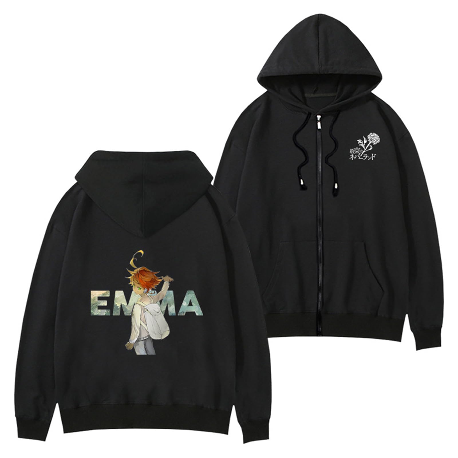 Jiminhope The Promised Neverland Anime Printed Hooded Jacket - Long Sleeve Zip Up Coat for Men & Women - Emma Cosplay Costume - Perfect for Halloween, Comic Con, and Anime Conventions