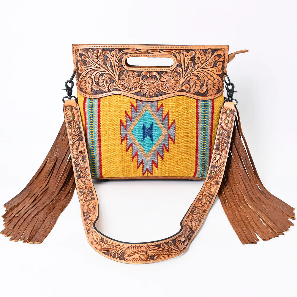 Stylish American Darling Yellow Aztec Floral Tooled Leather Handbag - Perfect for Casual Outings, Boho Fashion & Festival Accessories