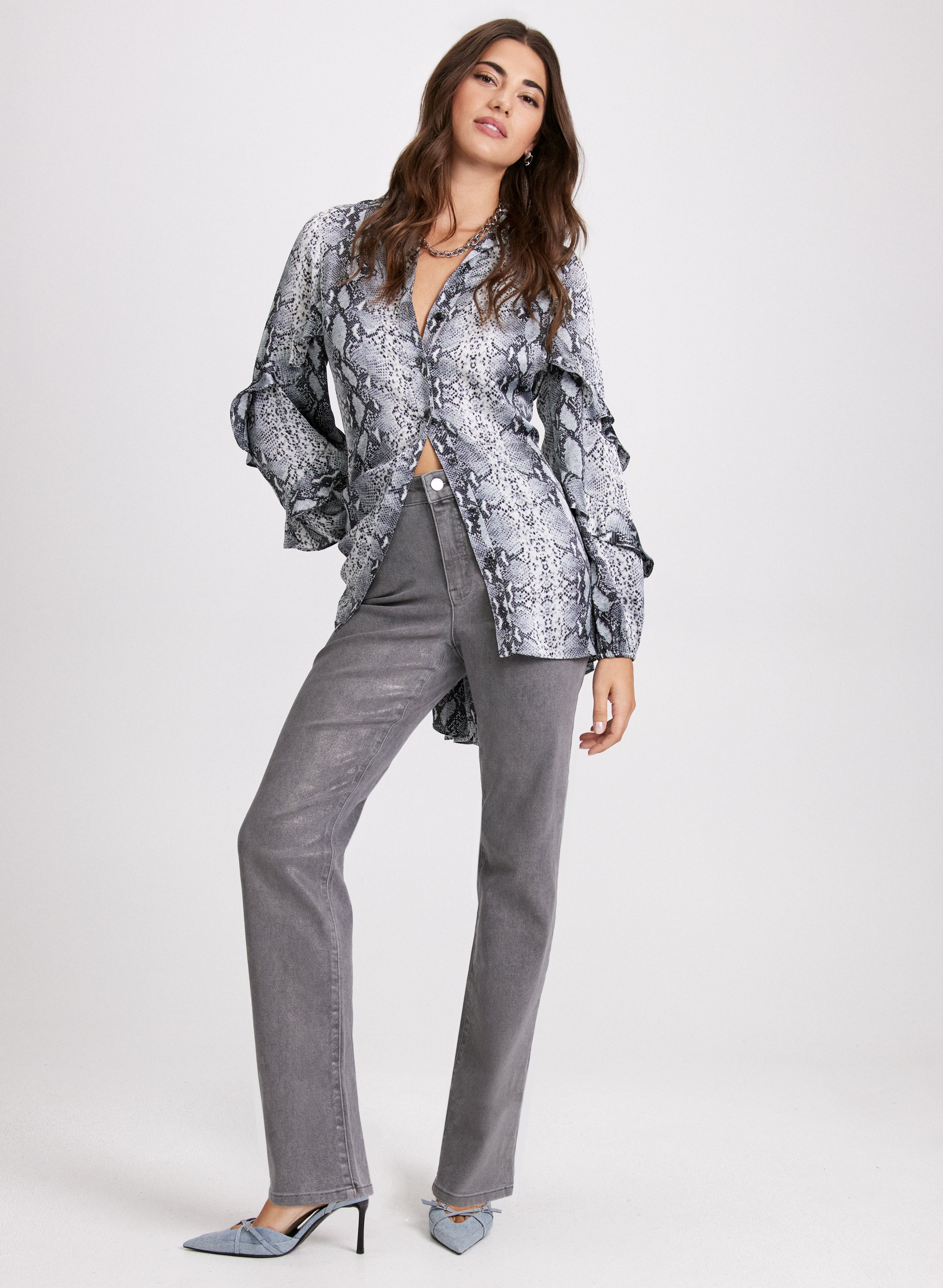 Trendy Animal Print Blouse & Shiny Foiled Jeans Set for Women - Stylish Party Outfit & Nightclub Wear