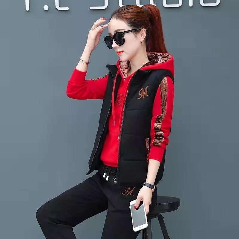 Women's Autumn Winter Casual Sweatpants Set - Plush Thickened Hoodie & Waistcoat 3-Piece Outfit | Cozy Lounge Wear for Home, Gym & Street Fashion