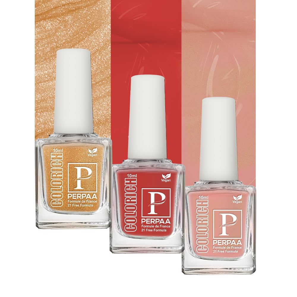 PERPAA® Vegan HD Color Gel Nail Polish Set - 3 Colors (Shimmer Peach, Bold Red, Coco Brown) | Long Lasting, Non-Toxic, Cruelty Free | Perfect for Manicures, Pedicures, Nail Art & Salon Use