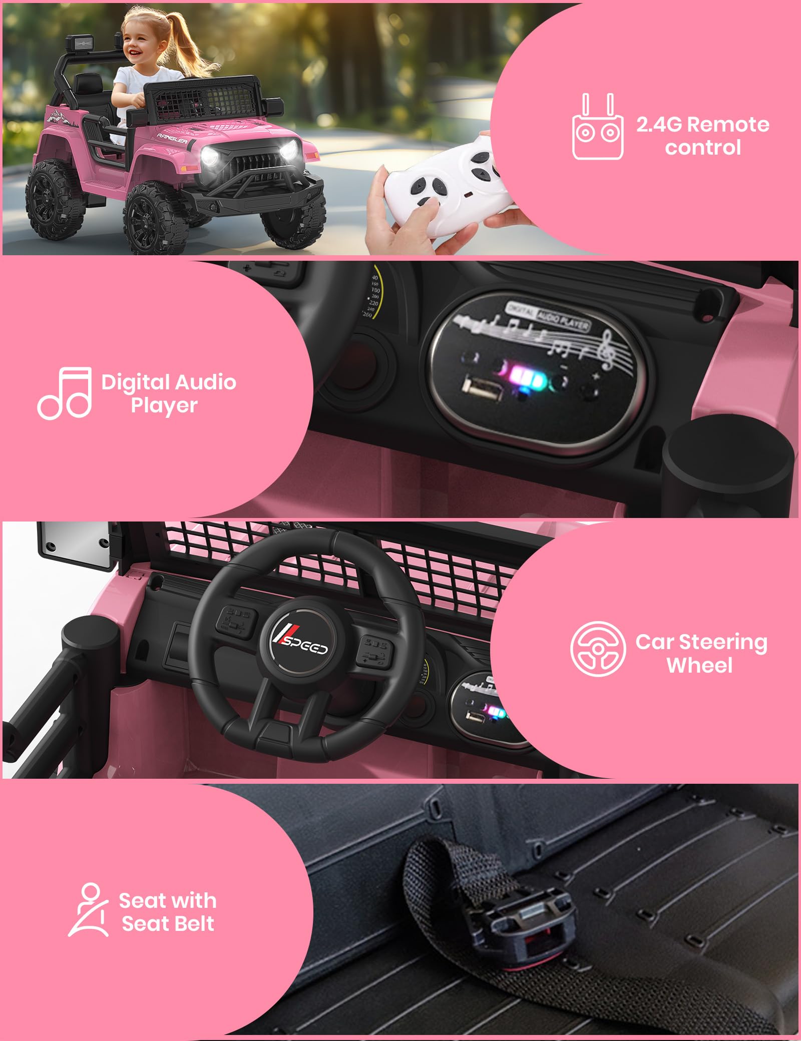 12V Kids Electric Ride-On Truck Car - Pink Off-Road SUV with Parental Remote Control, Safety Belt, LED Lights & Music | Forward/Reverse Functions | Perfect Gift for Girls Ages 3-5 | Outdoor Play, Backyard Fun & Birthday Presents