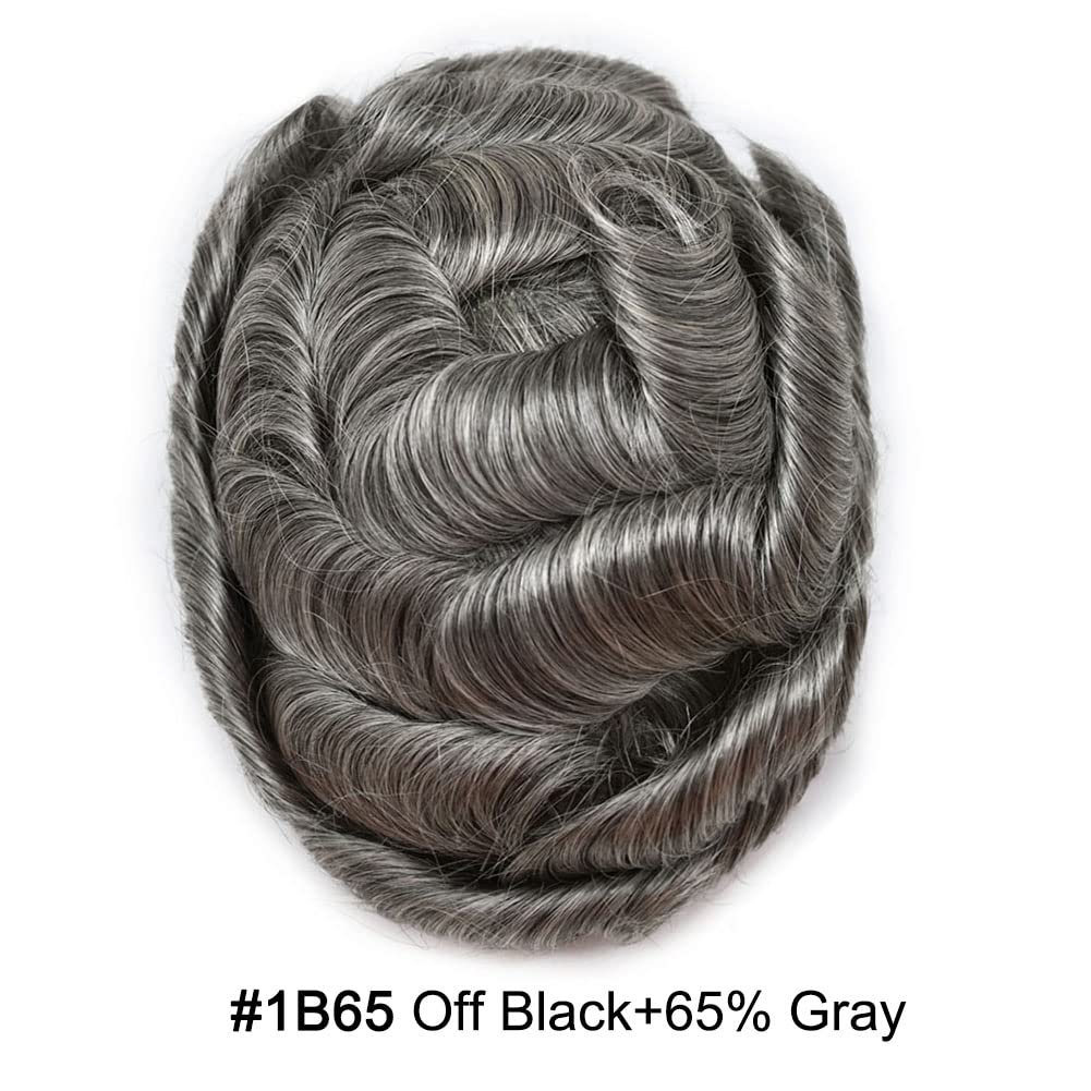 Ultra Thin Skin Toupee for Men - 8x10 Human Hair Toupee System, V-Looped Hairpiece for Hair Replacement, 90% Light Density #1B65 (1B Off Black + 65% Grey) - Natural Looking Hair Prosthesis for Daily Wear & Special Occasions