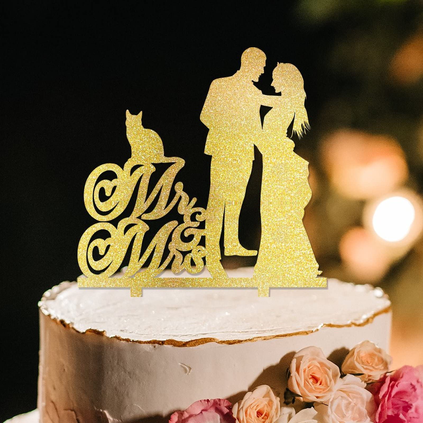 Custom Gold Acrylic Wedding Cake Topper - Mr & Mrs Silhouette with Sphynx Cat & Yorkshire Terrier | Bride & Groom Cake Decor for Wedding, Anniversary & Special Occasions