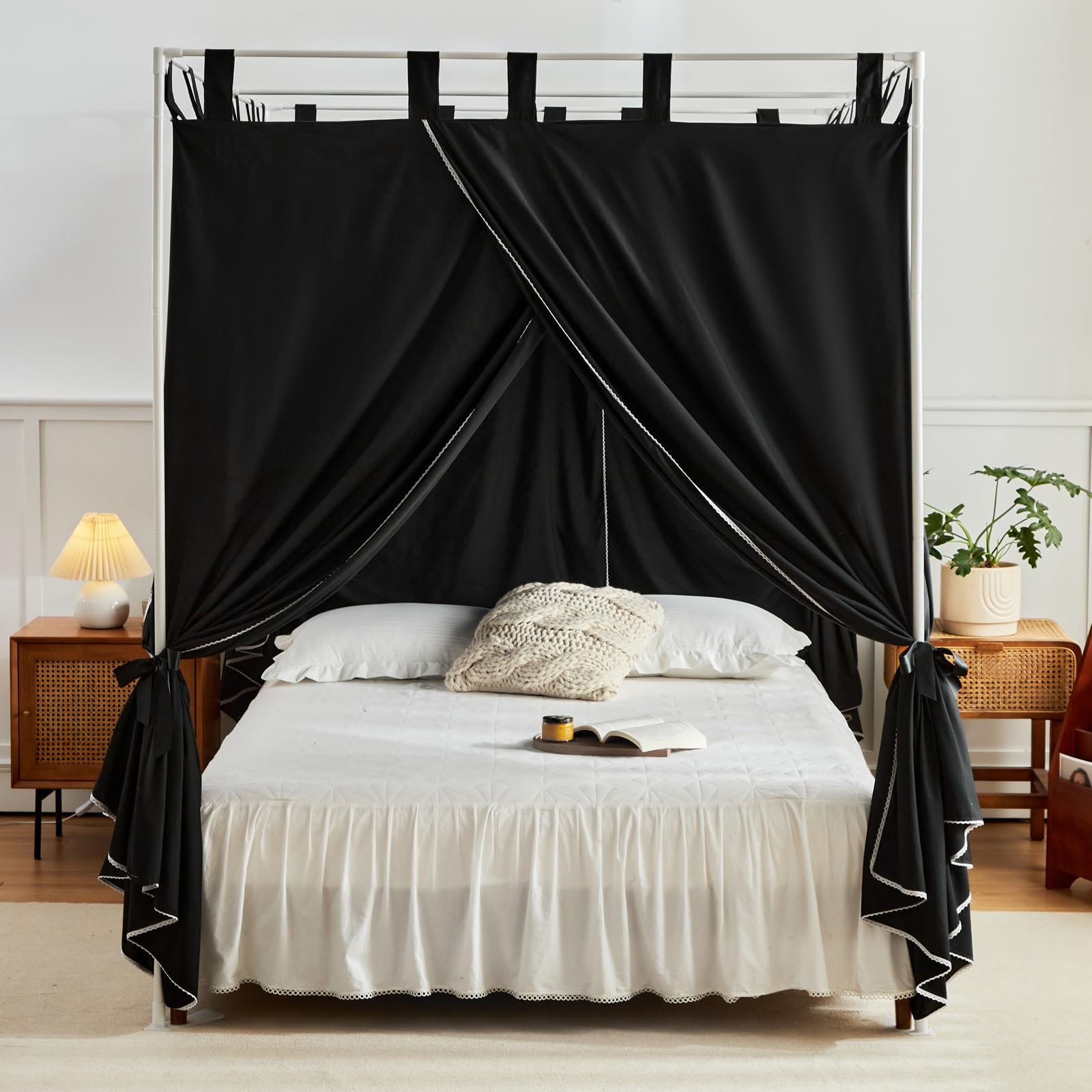 AIKASY Black Canopy Bed Curtains with Top Ties & Tie Backs - Twin Size Windproof Lightproof Bedroom Drapes for Privacy & Decoration | Perfect for Romantic Bedrooms, Dorm Rooms & Cozy Sleep Spaces