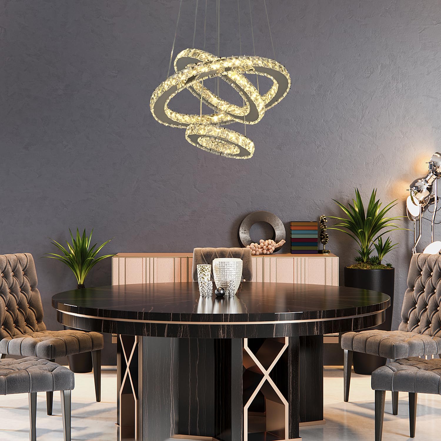 Naoeoon Modern LED Crystal Chandelier - 48W Dimmable Pendant Light with 3 Crystal Rings, 3000K-6500K Color Temperature, 9100LM Brightness for Dining Room, Kitchen Island & Foyer Lighting