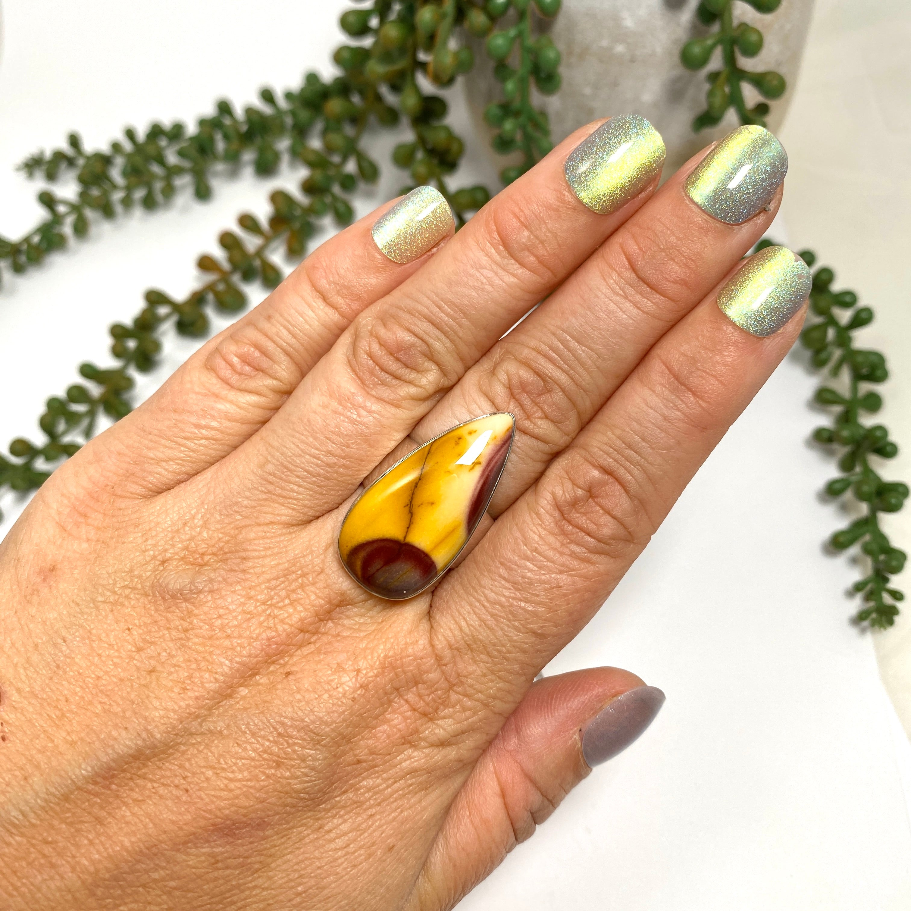 Natural Mookaite Teardrop Cabochon Sterling Silver Ring Size 8 - Handmade Gemstone Jewelry for Women, Gift for Her | Perfect for Boho Style, Meditation & Spiritual Healing
