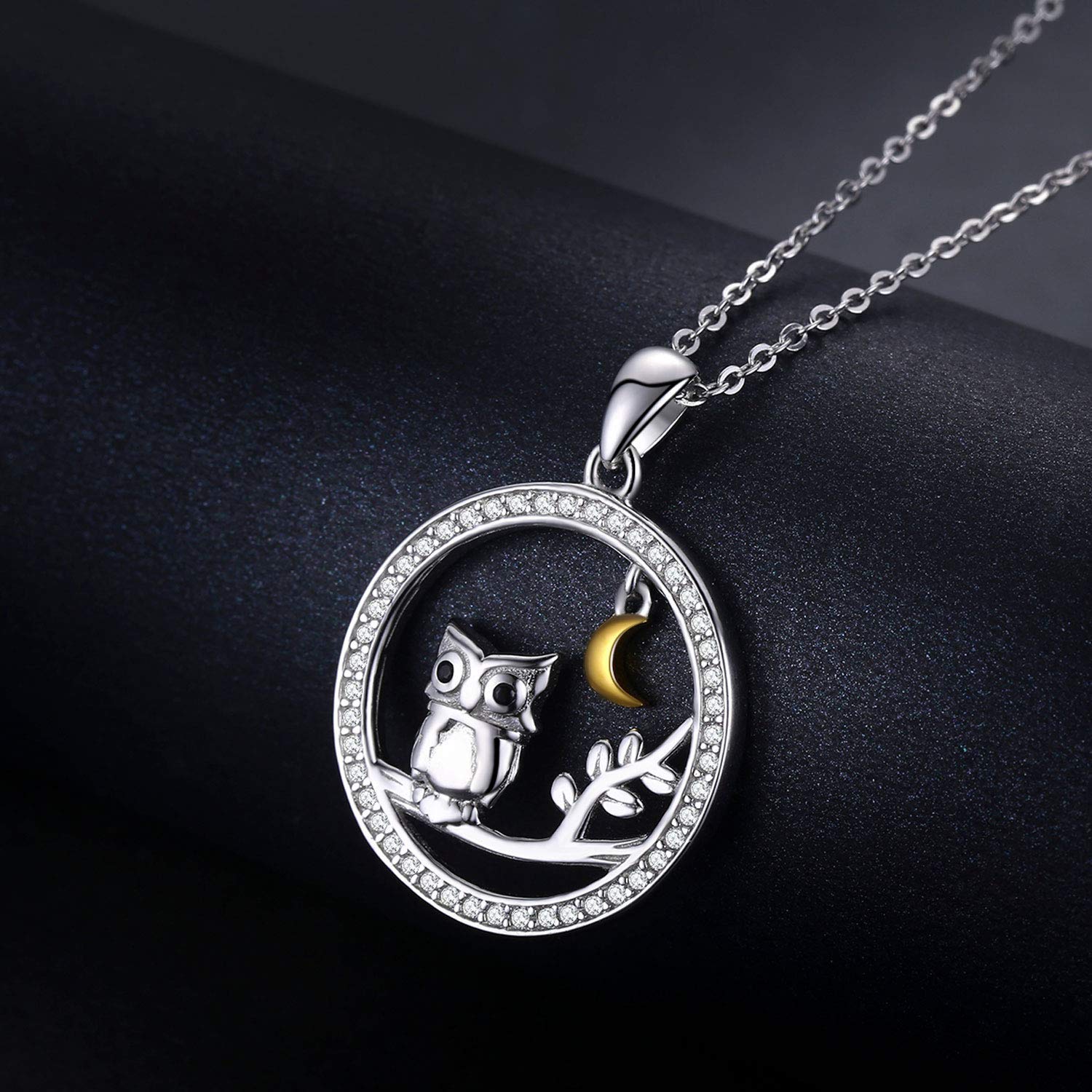 TANGPOET 925 Sterling Silver Owl Pendant Necklace for Women - Elegant Owl on Branch with Crescent Moon Charm, 18