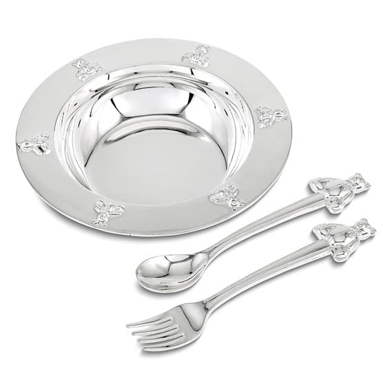 Sterling Silver Plated Teddy Bear Bowl & Utensil Set - Cute Baby Shower Gift, Kids Tableware for Birthday Parties & Special Occasions
