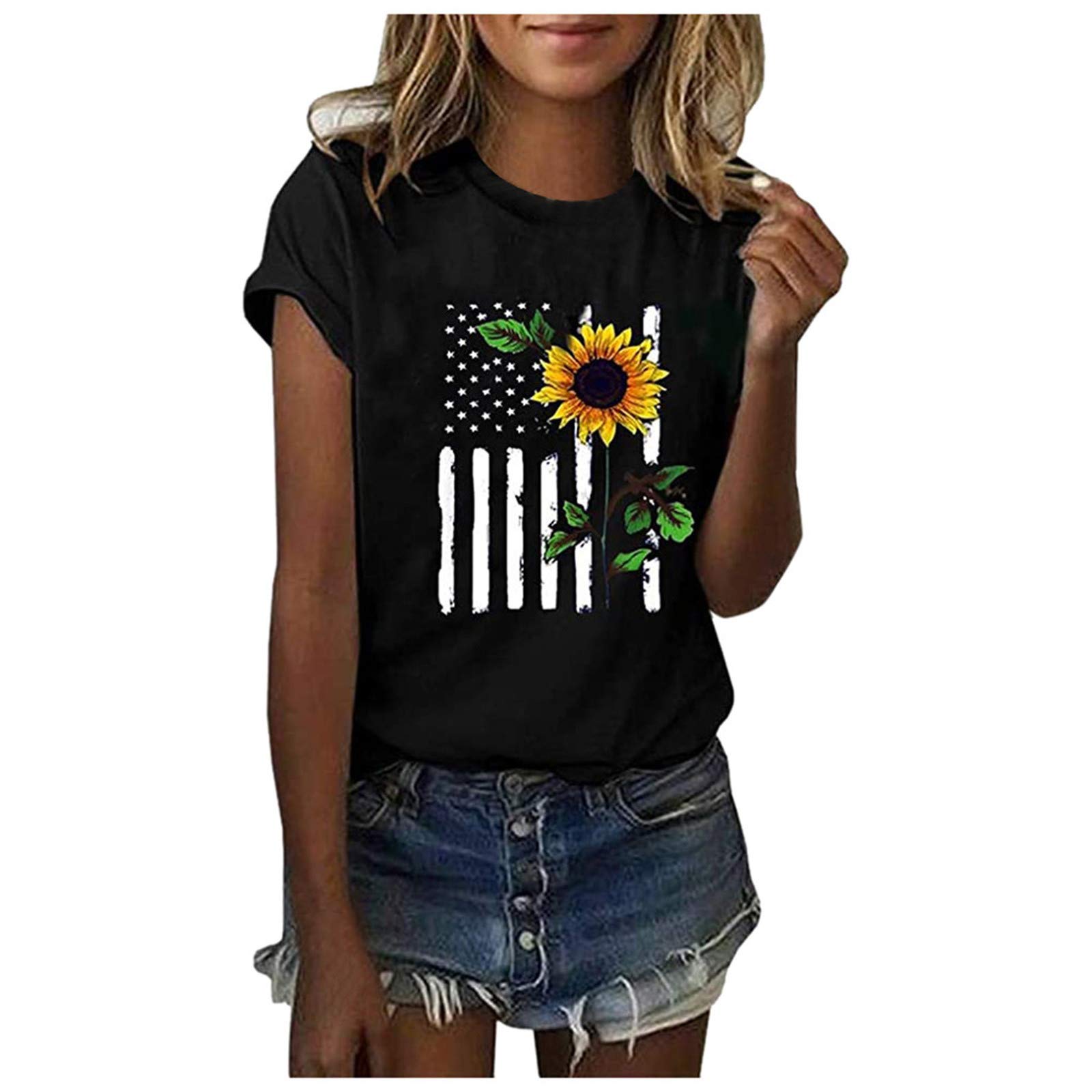 Women's 4th of July Summer Tops - Short Sleeve Casual Loose Sunflower Print Blouse Tee Shirts | Perfect for Independence Day Celebrations, Beach Outings & Summer Vacations
