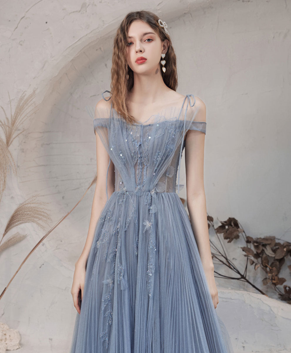 Elegant Blue A-Line Off Shoulder Long Prom Dress with Beading - Formal Graduation Gown for Women - Perfect for Prom Night, Homecoming & Special Occasions