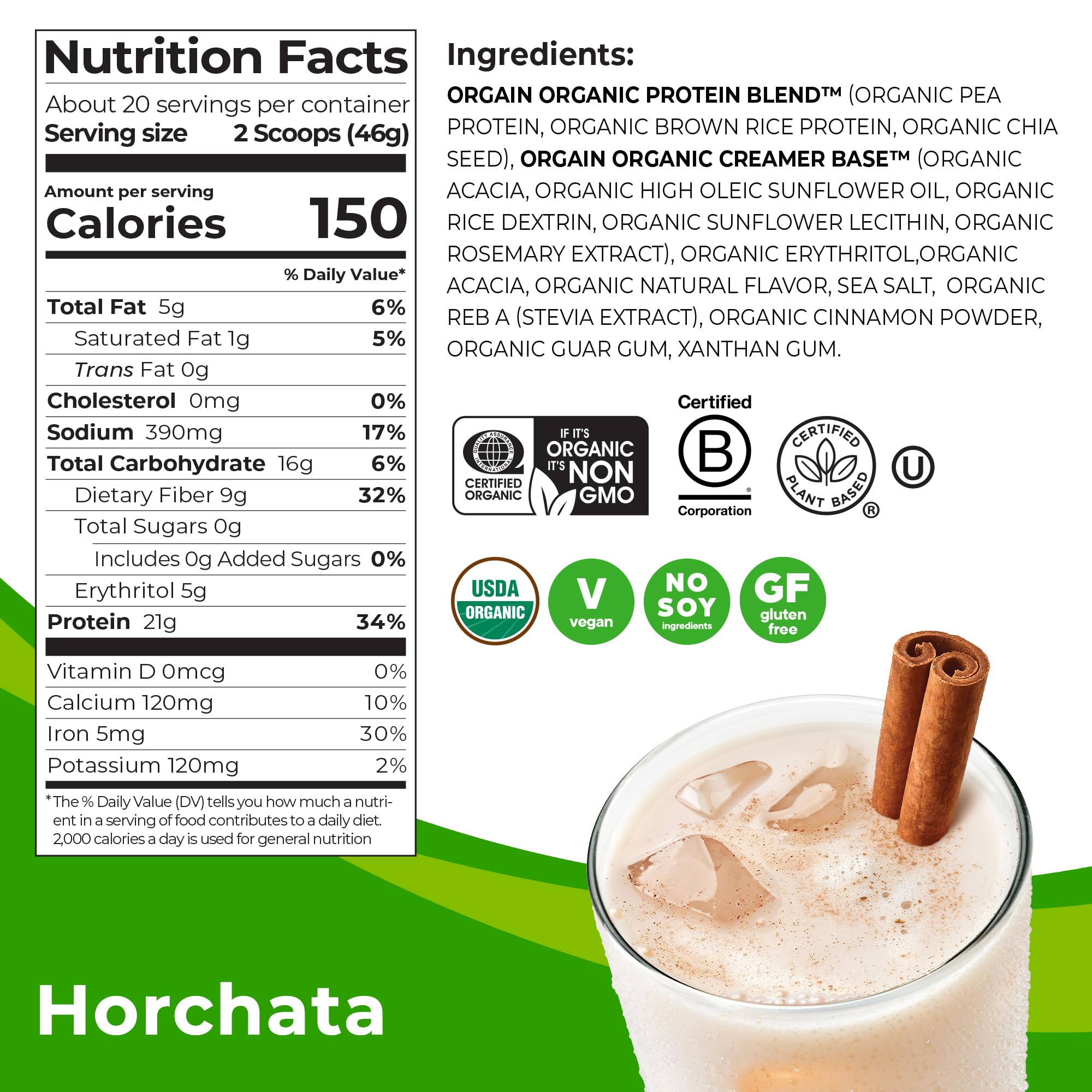 Orgain Organic Vegan Protein Powder, Horchata Flavor - 21g Plant Based Protein, Low Carb, Gluten Free, Dairy Free, No Sugar Added, Soy Free, Non-GMO, Kosher Certified (2.03 lb) - Perfect for Smoothies, Baking & Post-Workout Recovery