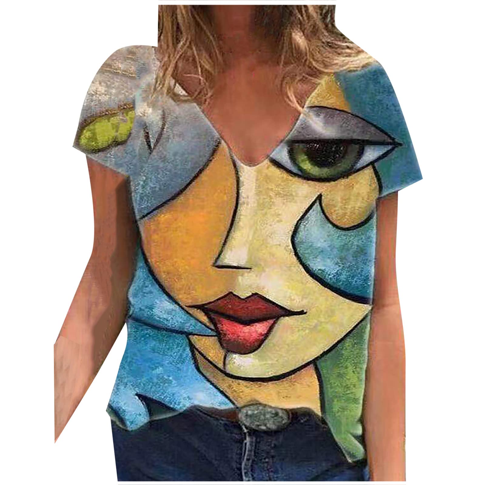Women's Summer Graphic Print Short Sleeve V-Neck Loose Blouse Tops - Casual Beachwear, Vacation Outfits & Everyday Comfort