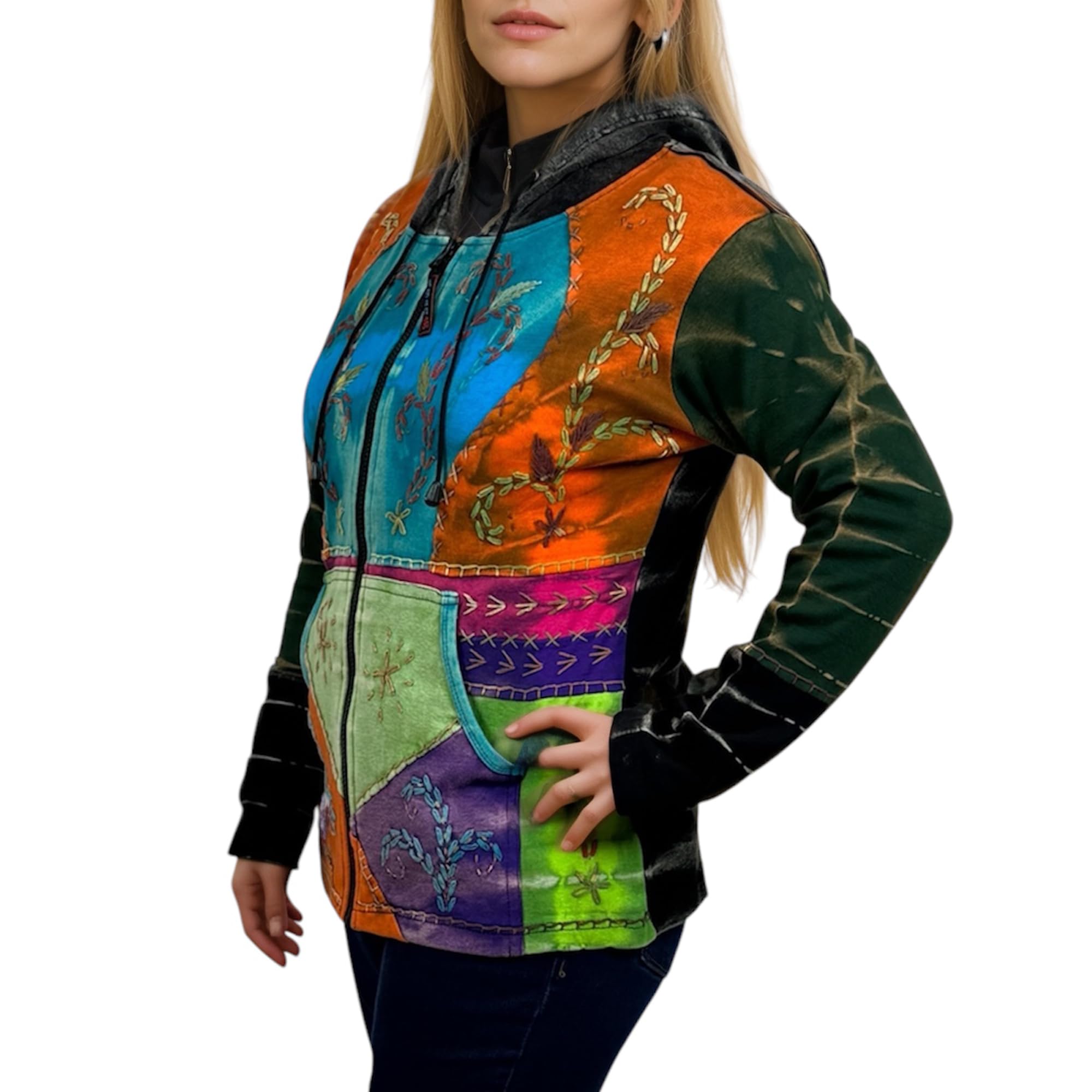 Agan Traders Women's 2025 Spring Boho Rib Knit Patch Tie-Dye Hoodie Sweatshirt Jacket - Cozy Casual Wear for Spring Outings & Street Fashion