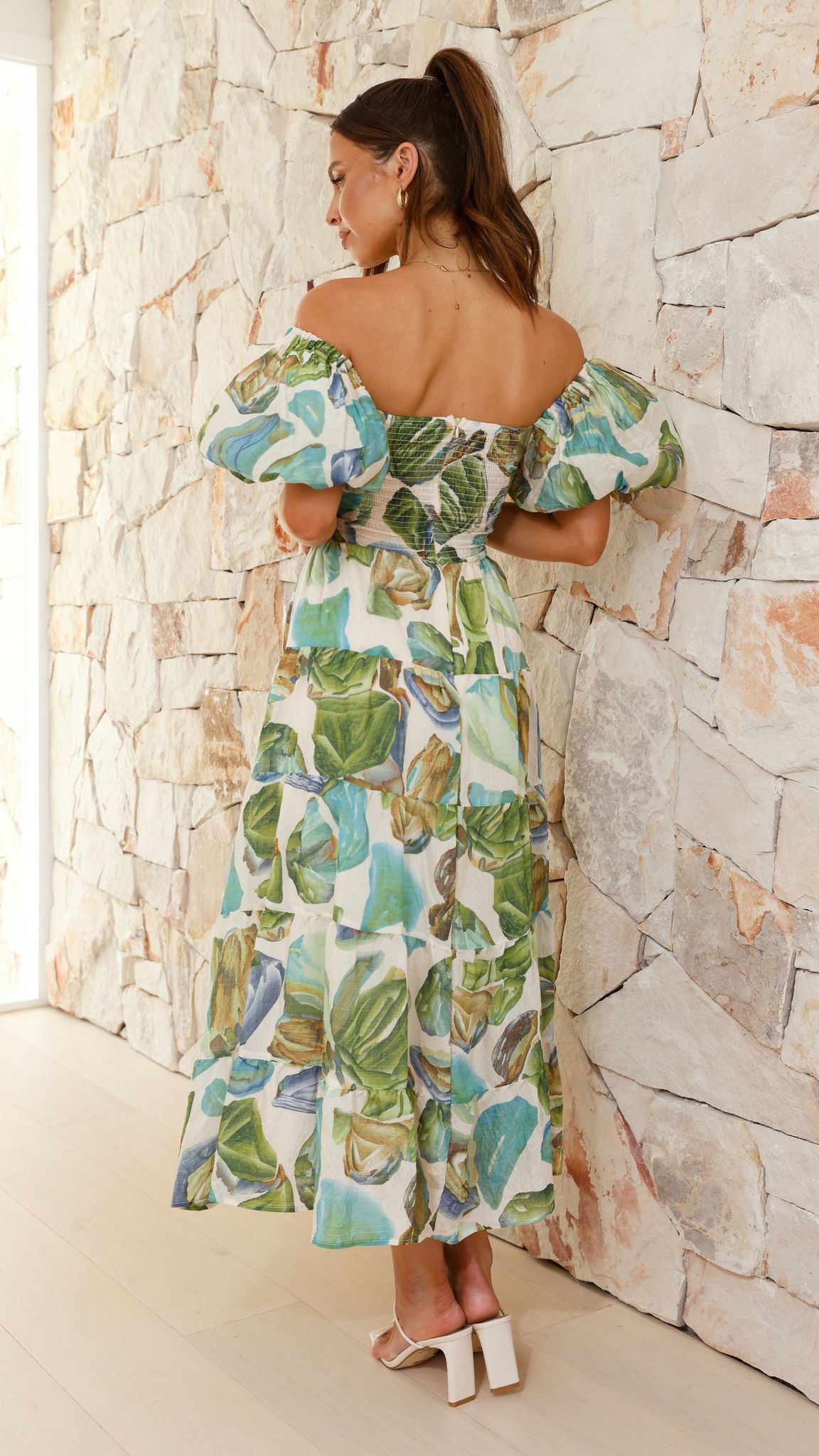 Balthazar Maxi Dress - Green & Blue Floral Print, Women's Summer Beach Dress for Vacation, Party, and Casual Wear