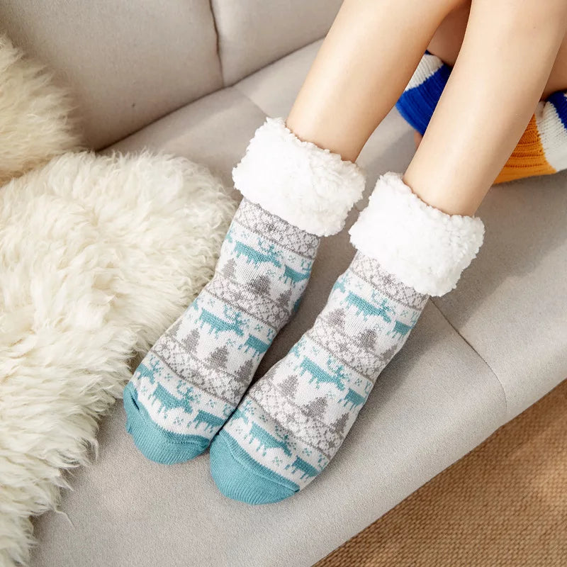 Winter Super Warm Cozy Knitted Sherpa Lined Non-Slip Bootie Slipper Socks - Ultra Soft Indoor/Outdoor House Shoes for Women & Men - Perfect for Cold Weather, Lounging & Home Comfort