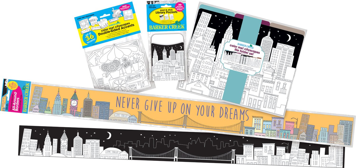 Barker Creek Décor Set - Color Me! Cityscapes Adult Coloring Book Style, 35ft Double-Sided Border, 36 Cut-Outs with 15 Name Tags, 36 Library Pockets & 12 Letter File Folders (3510) - Perfect for Classroom Decor, Office Organization & Creative Home Design