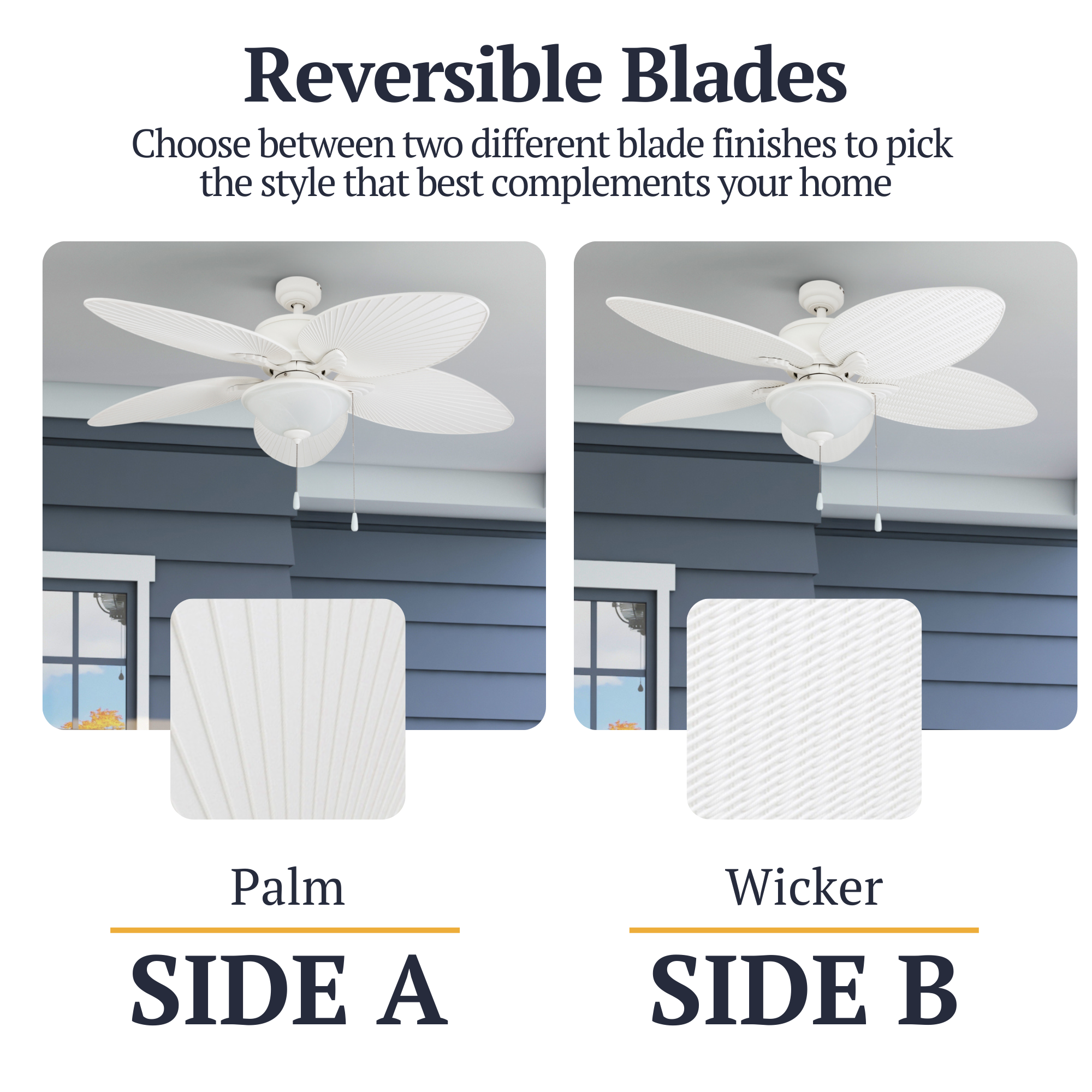 52 Inch Solana White Ceiling Fan with Pull Chain - Indoor/Outdoor Use for Living Room, Bedroom, Patio & Covered Porch
