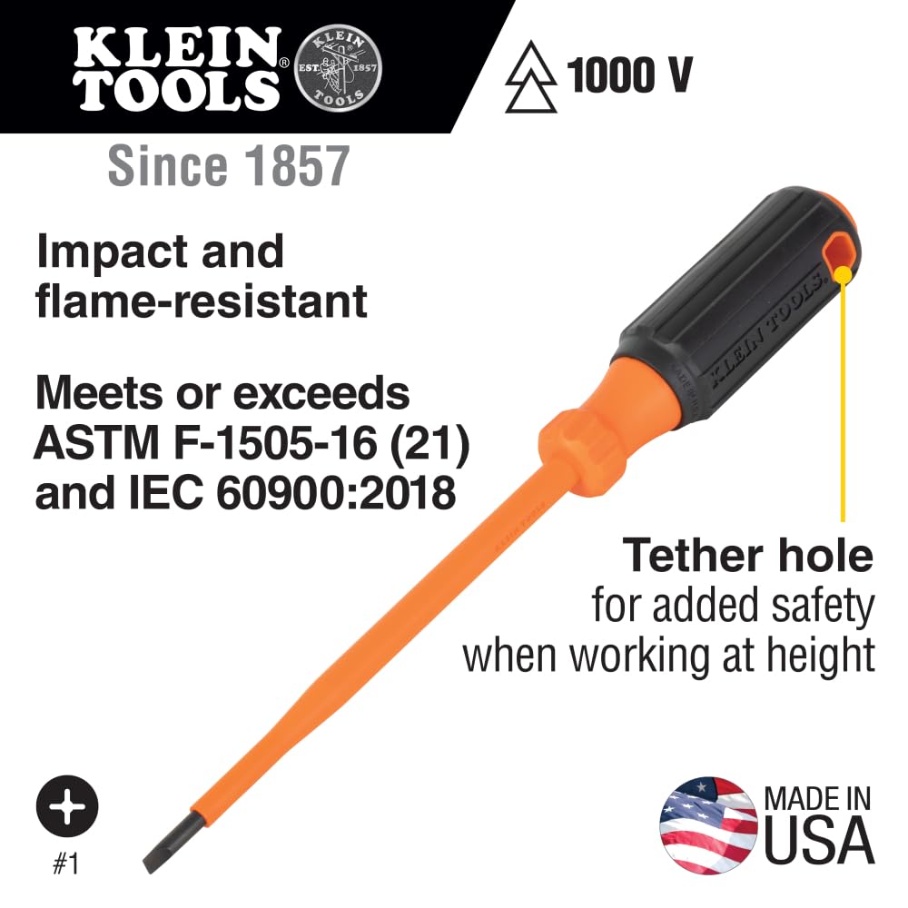 Klein Tools 6816INS 1000V Insulated Screwdriver - 3/16-Inch Cabinet Tip with 6-Inch Shank, Tip-Ident & Cushion-Grip Handle - Ideal for Electrical Work, DIY Projects & Professional Use
