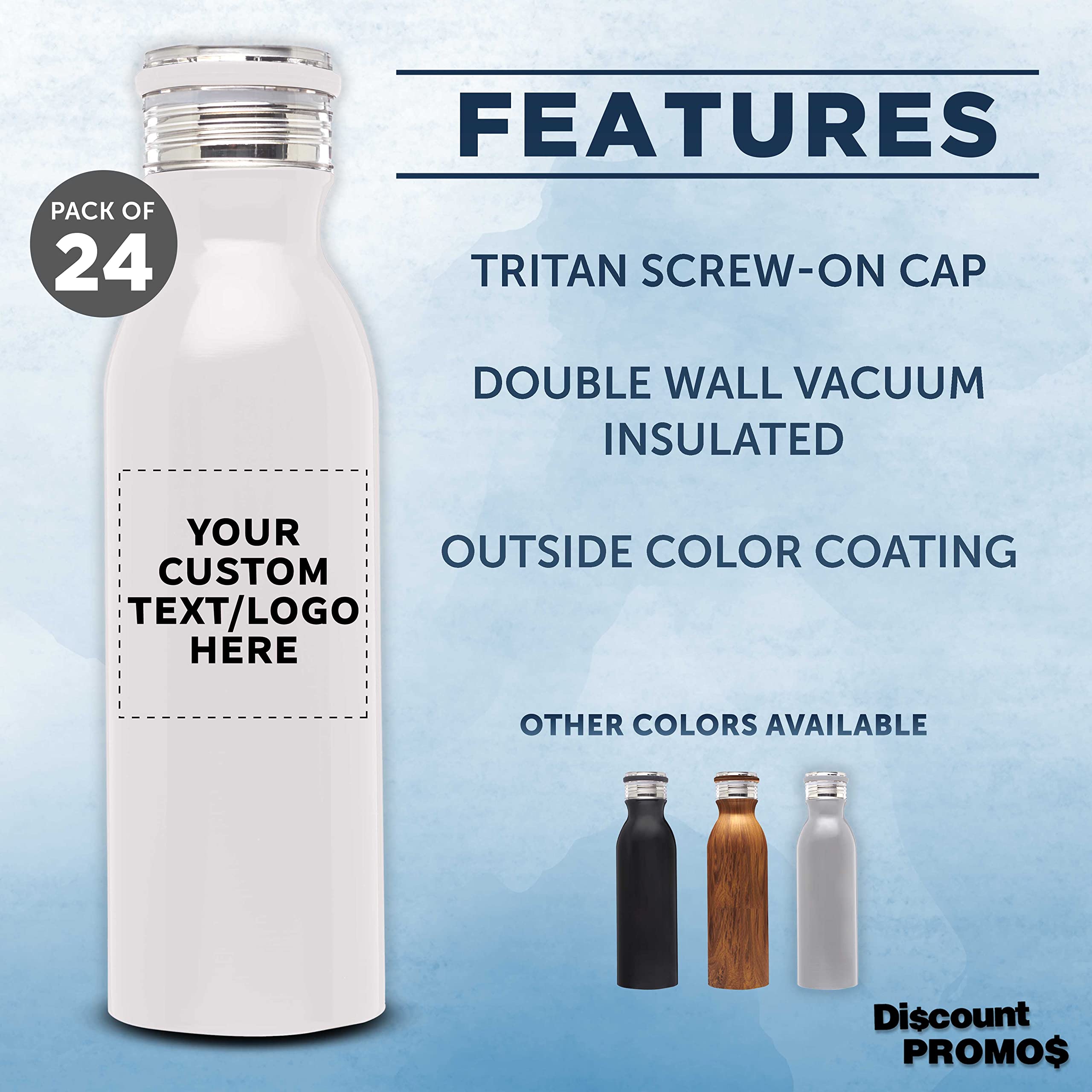 Echo 20 oz Custom Stainless Steel Water Bottles - Double Wall Insulated Bulk Pack of 24 - Personalized for Coffee, Tea, Soda & Cold Drinks - Perfect for Office, Gym, School & Outdoor Activities - White