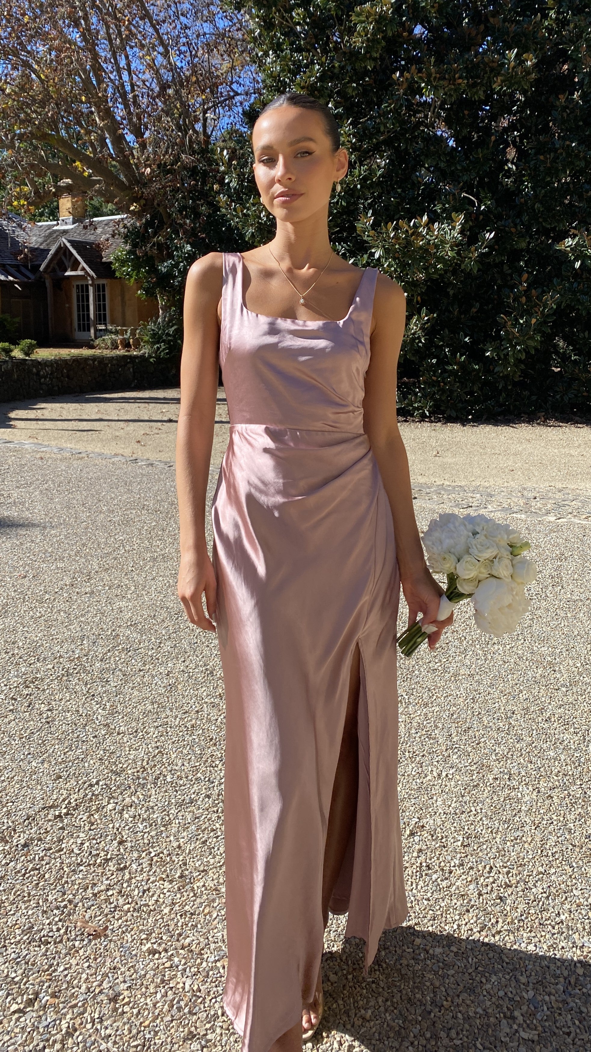 Alaria Maxi Dress for Women - Elegant Dusty Pink Flowy Long Dress for Summer, Beach, Wedding & Special Occasions