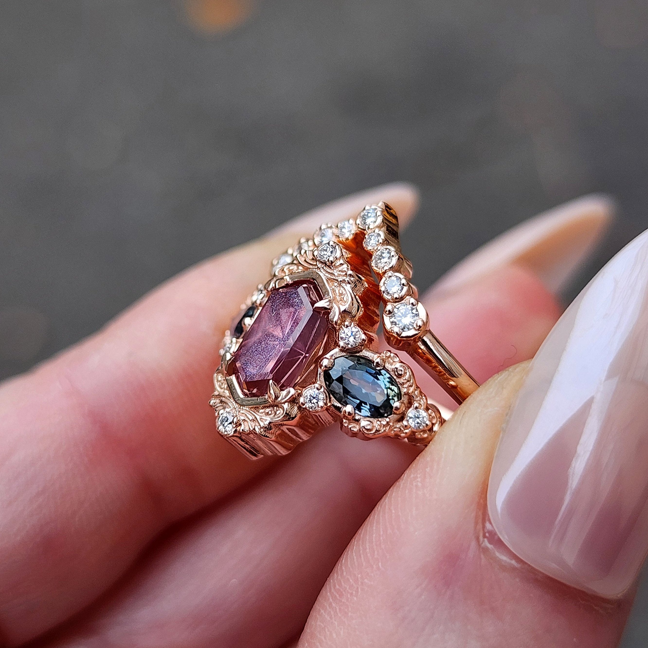 1.66ct Peach Umba Hexagon Starbrite Cut Sapphire & Natural Blue Oval Sapphire Engagement Ring with Diamond Wishbone Wedding Band - Size 6-8, 14k Rose Gold - Perfect for Proposals, Anniversaries & Bridal Jewelry