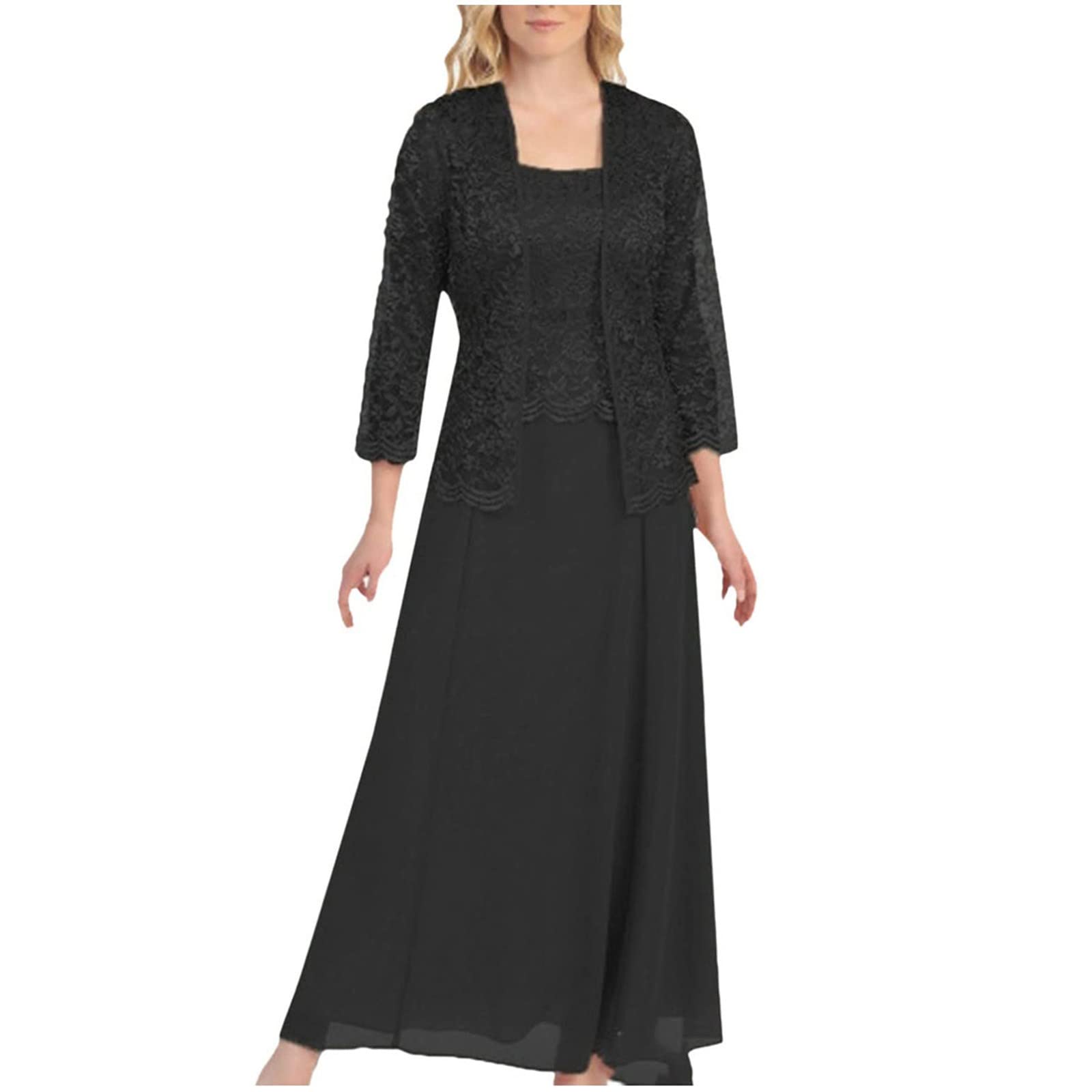 Elegant Women's Casual Dress Set - Flowy Chiffon Dress with Half Sleeve Lace Cardigan, Loose Spring Dress for Brunch, Date Night & Office Wear