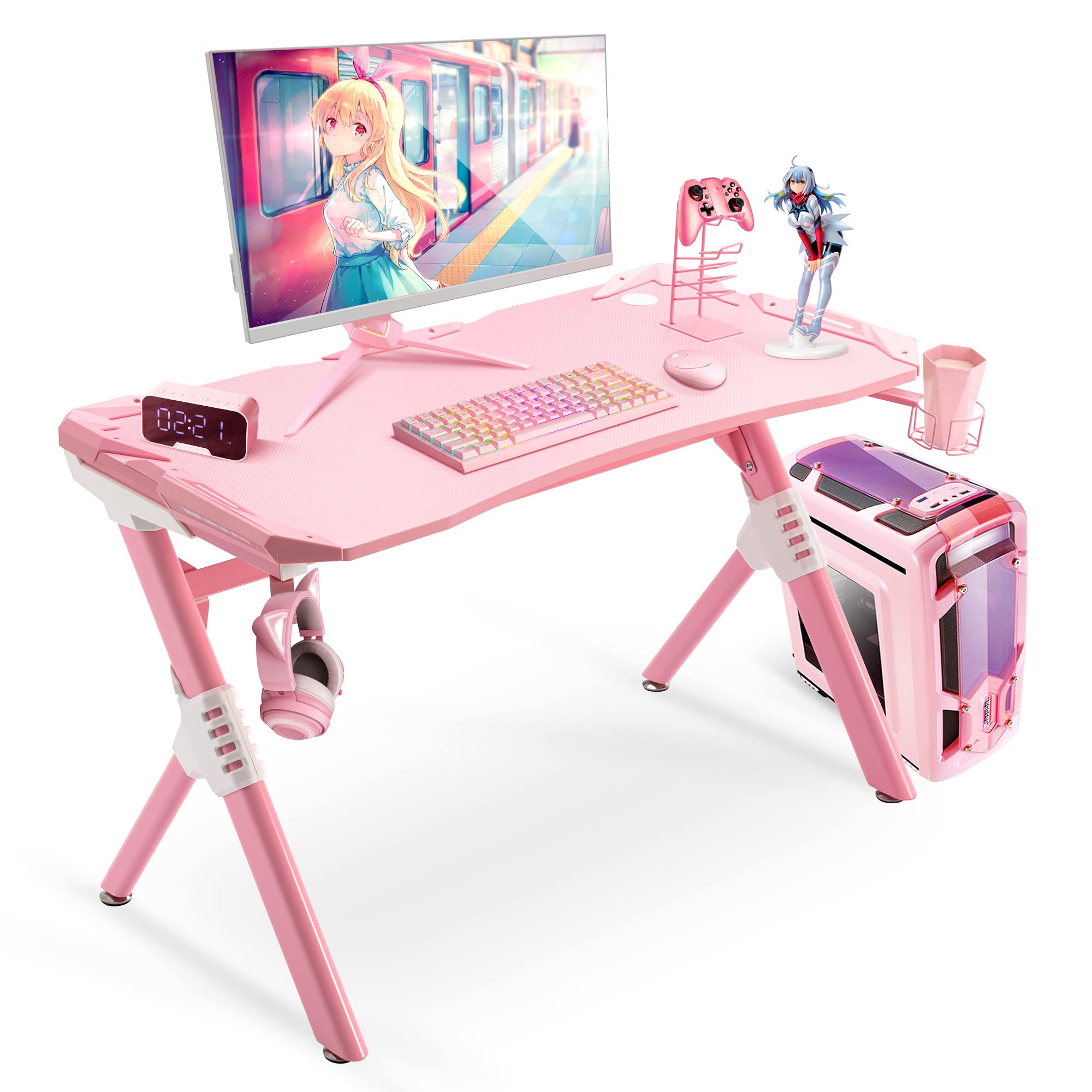 S*MAX 47 Inch Pink Gaming Desk with LED Lights, Wireless Charging Pad & Carbon Fiber Finish - Large K-Shaped Computer Desk with Cup Holder & Headphone Hook - Perfect for Home Gaming Setup, Streaming & Esports Battlestation