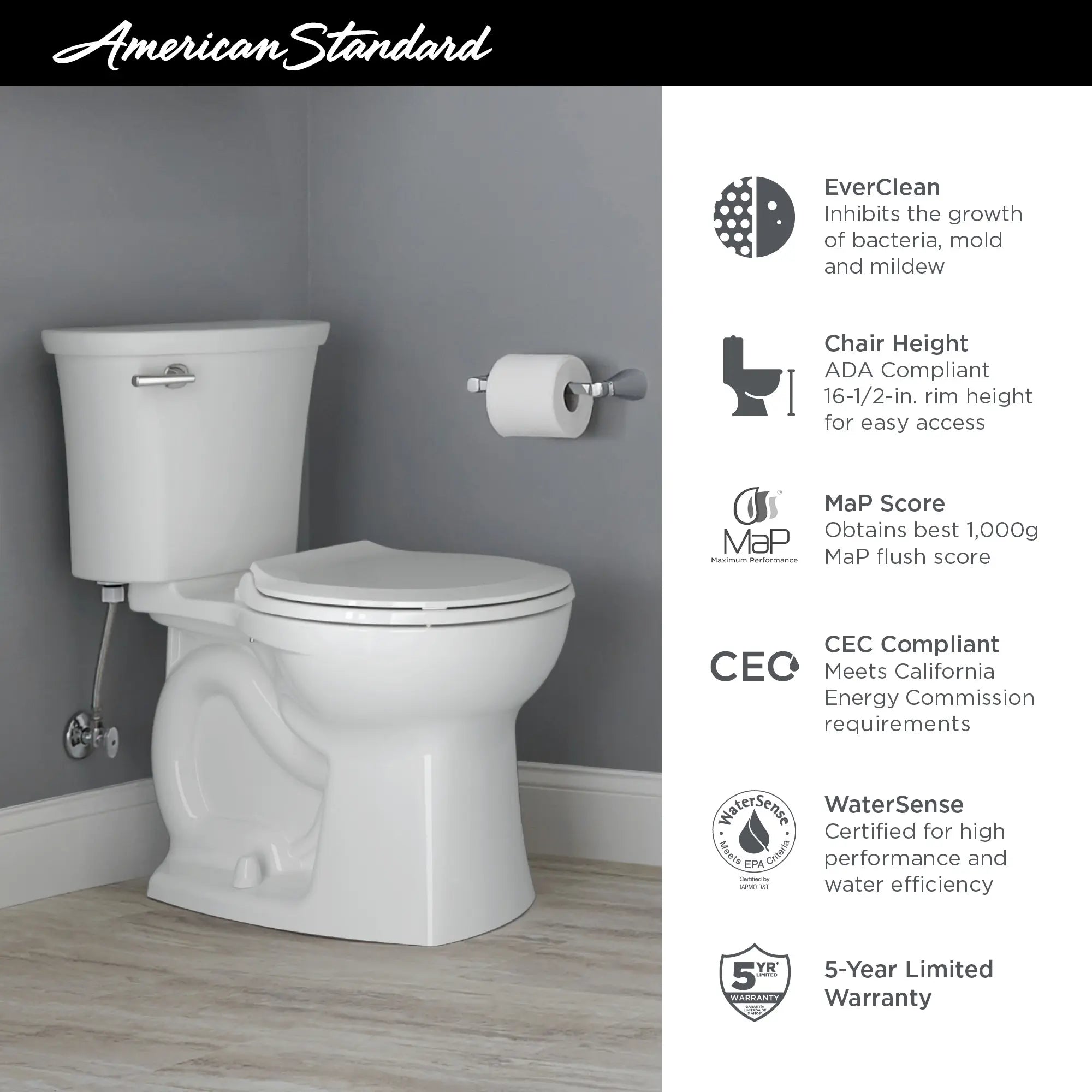 Edgemere® Two Piece 1.28 GPF/4.8 LPF Round Front Toilet - Water Efficient, Comfort Height, Seat Not Included | Perfect for Small Bathrooms & Modern Homes