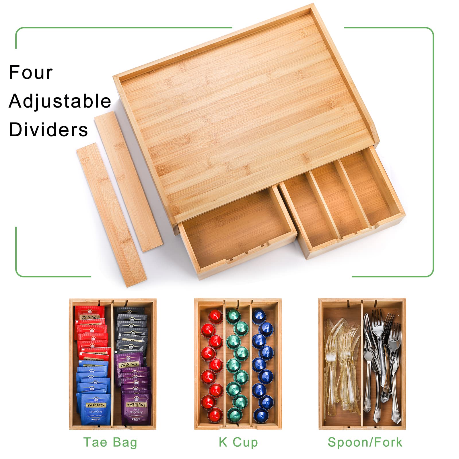 SOUJOY Bamboo Drawer Organizer for Coffee Pods & Tea Bags - K Cup Storage Tray with Drawer and Side Compartments - Perfect for Kitchen Counter, Office Desk & Coffee Bar Organization (Home & Office Use)