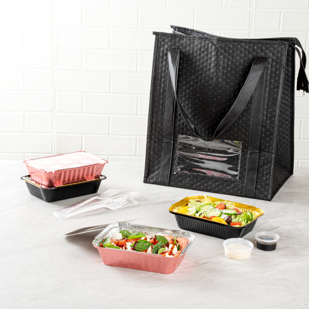16 oz Pink Aluminum Take Out Containers with Polka Dot Paper Lids - 7.25
