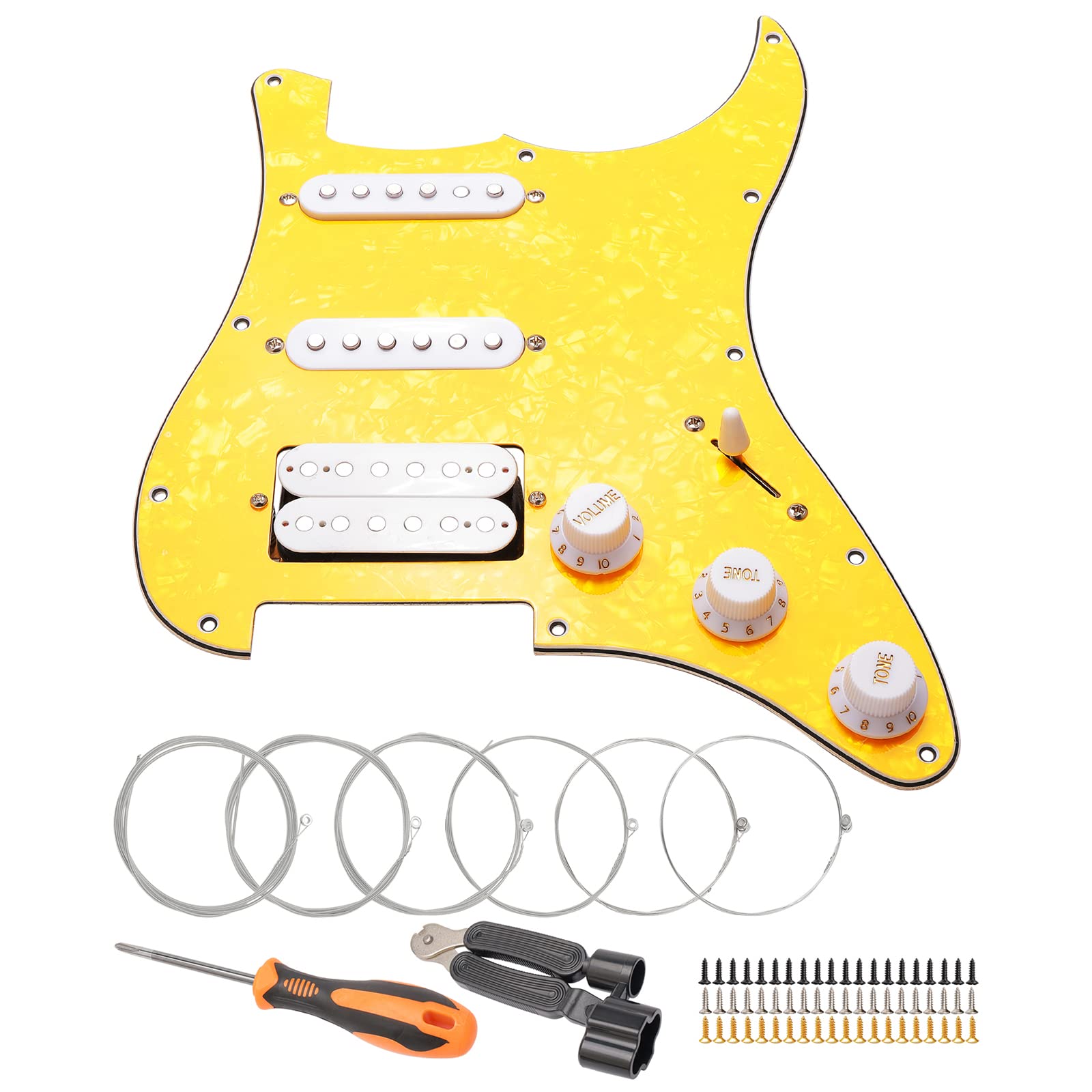 11 Hole Prewired HSH Pickguard Plate with Pickups - 4 Ply Yellow Pearl - Includes Guitar Strings & Installation Tool - Perfect for Electric Guitar Upgrades & DIY Repairs