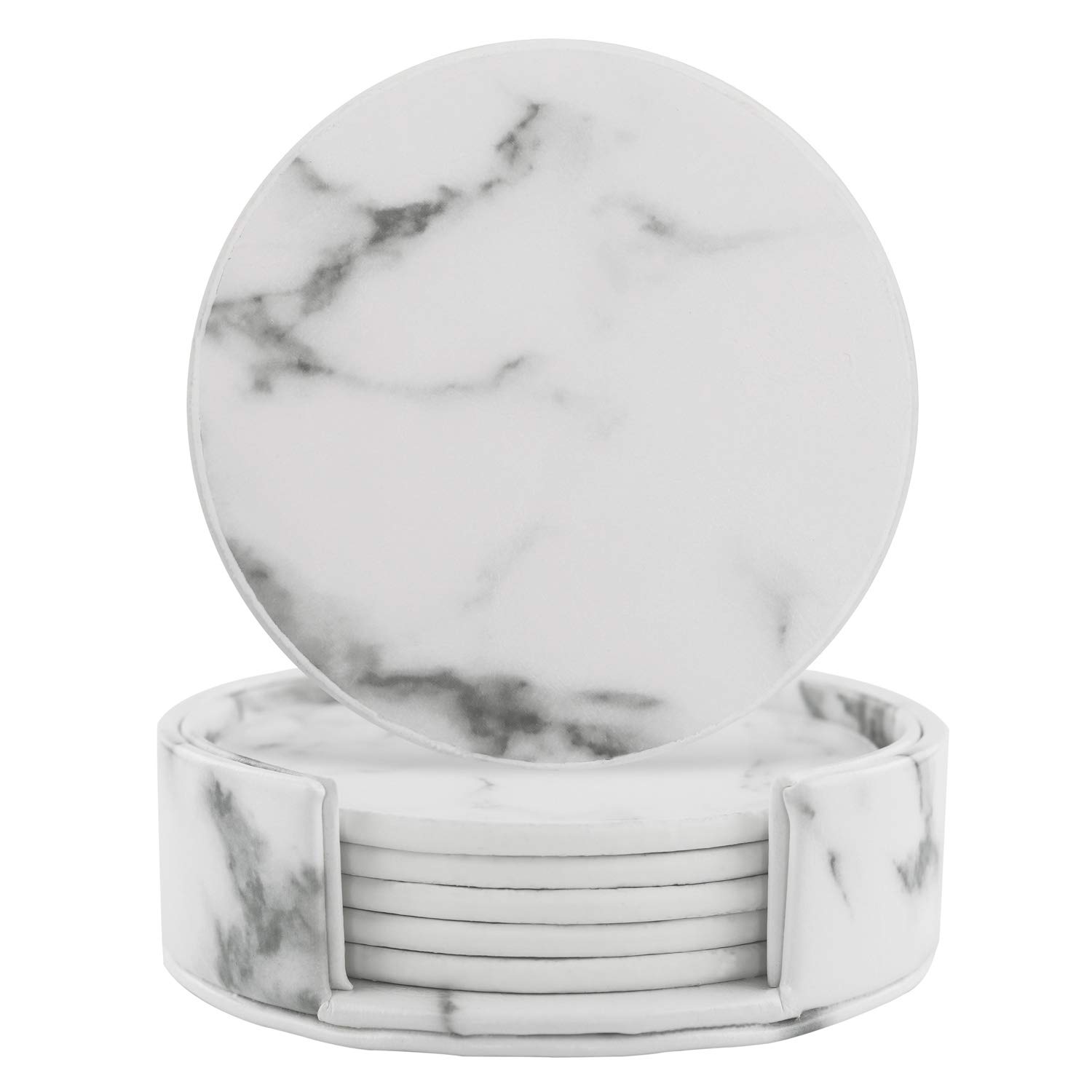 Premium Leather Coasters Set of 6 with Holder - Elegant Marble Drink Coasters for Wine & Coffee - Funny Housewarming Gift Idea - Round Cup Mats for Home, Kitchen & Office Use - Perfect for Parties, Dining & Home Decor