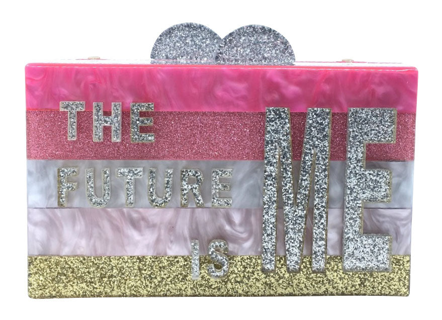 Bari Lynn Girls Glitter Box Purse with Chain Shoulder Strap - The Future is Me Shiny Clutch for Parties, Prom & Special Occasions