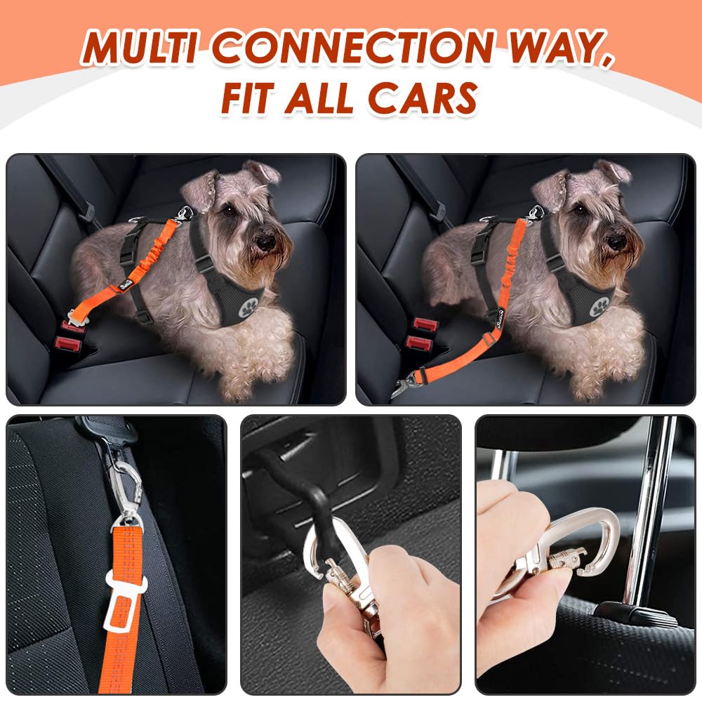 SlowTon 2 Pack Heavy Duty Adjustable Dog Seat Belt - Elastic Bungee Buffer Nylon Reflective Pet Safety Tether for Car Travel, Connects to Harness with Dual Clip (Orange) - Perfect for Road Trips & Safe Vehicle Rides with Your Pet