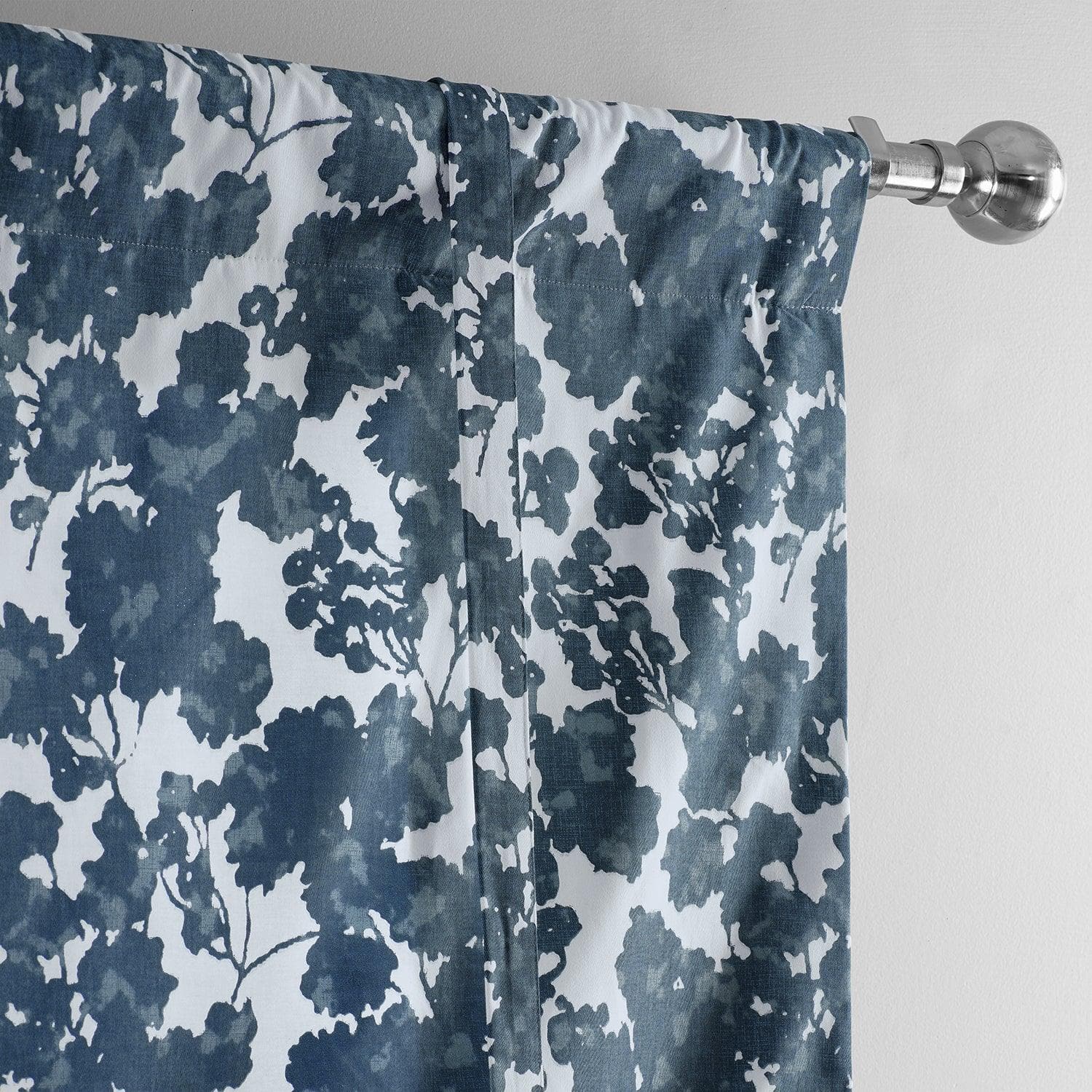 Fleur Blue Floral Printed Cotton Blackout Window Curtain - Elegant Tie-Up Shade for Bedroom, Living Room & Nursery Light Control