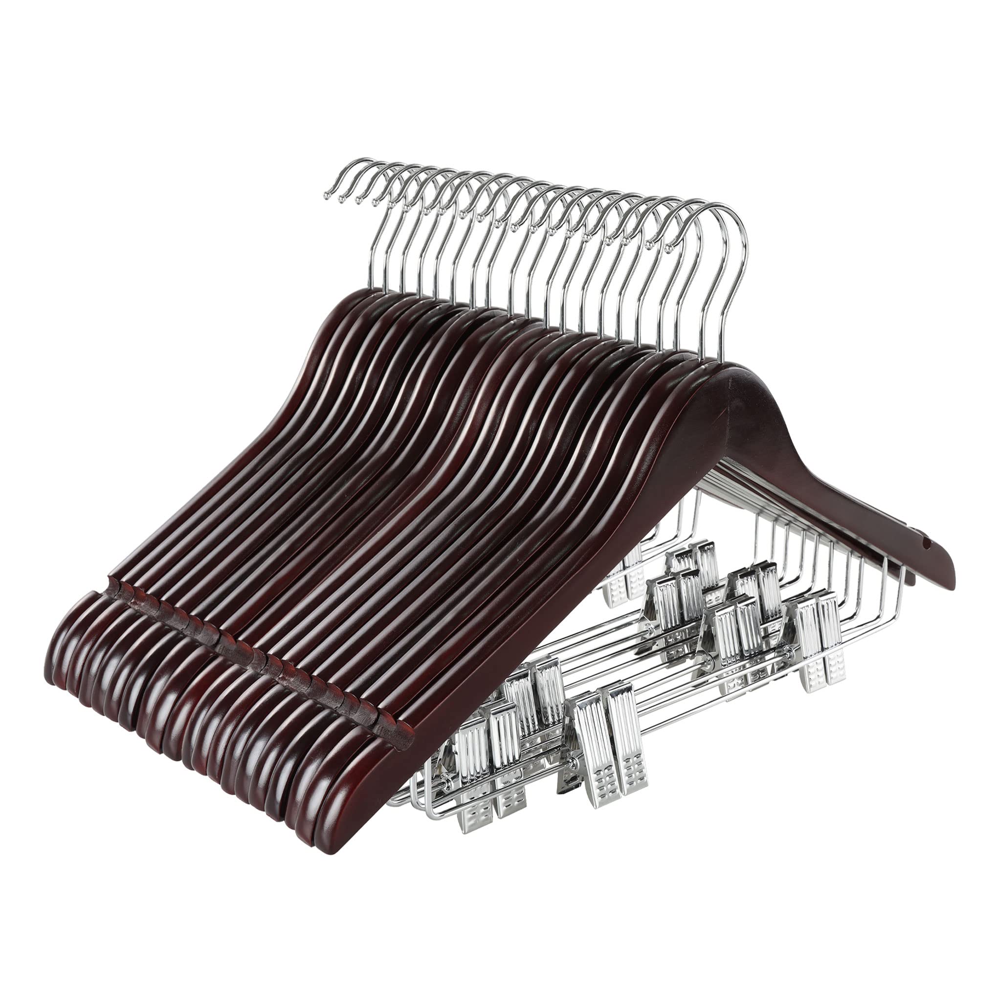 Premium Wooden Suit Hangers with Adjustable Metal Clips (20 Pack) - Solid Wood Clothes Hangers, 360° Swivel Hook, Retro Finish for Coats, Jeans & Blouses - Ideal for Closet Organization & Travel (Cherry CT28M20)