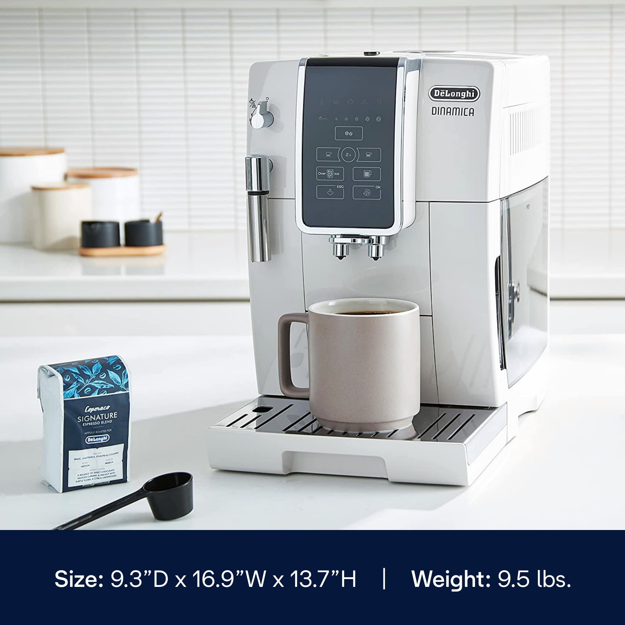 De’Longhi ECAM35020W Dinamica Fully Automatic Coffee & Espresso Machine with Burr Grinder - Make Hot & Iced Coffee - Includes Descaling Solution, Cleaning Brush & Bean-Shaped Ice Cube Tray - Perfect for Home, Office & Entertaining (White)